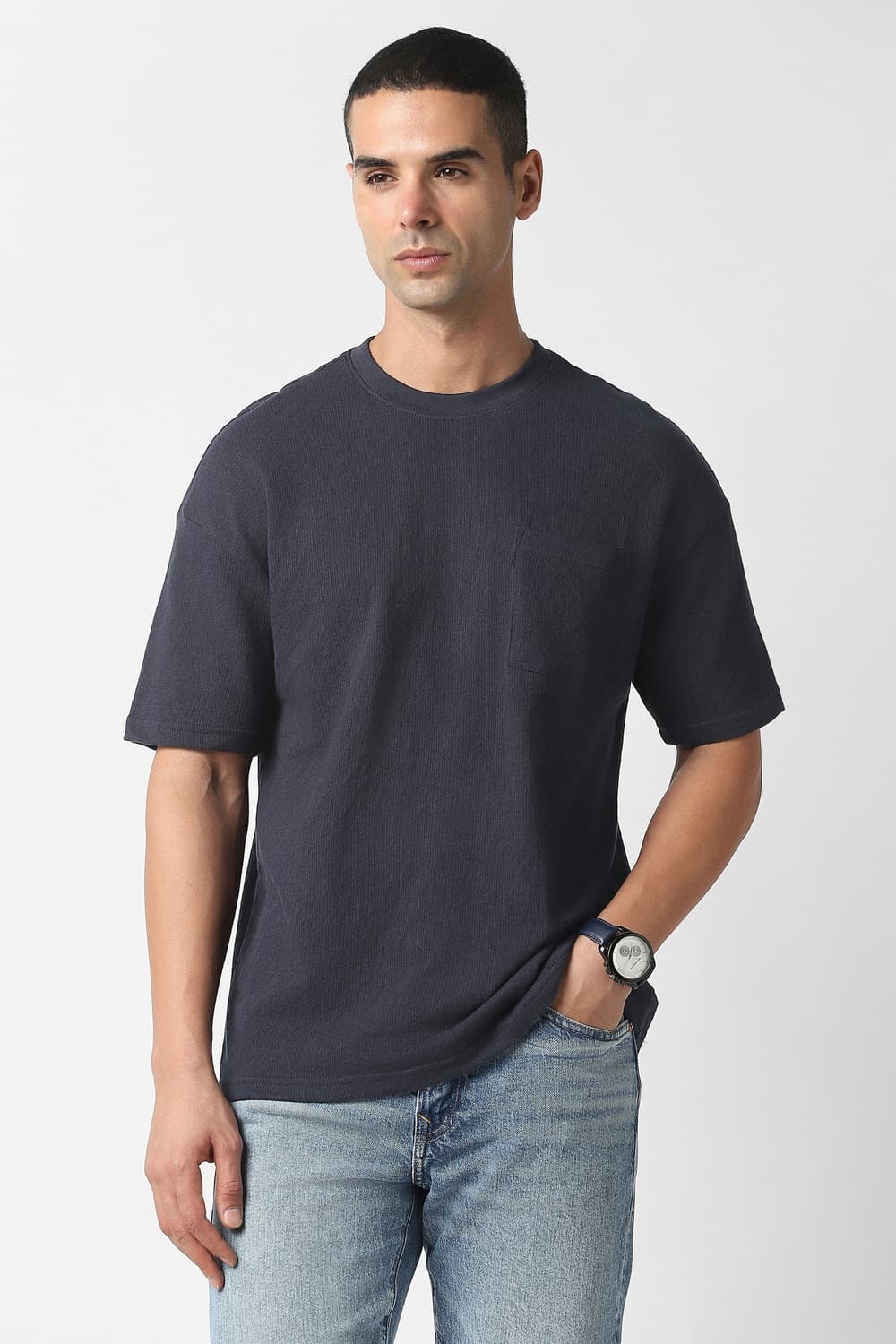 Men Navy Textured Crew Neck T-shirt | Vanheusenindia Men Navy Textured Crew Neck T-shirt | Vanheusenindia