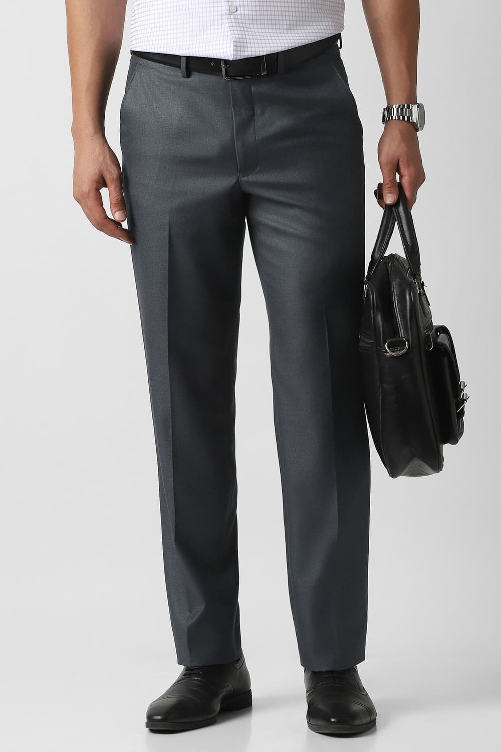 Men Grey Solid Custom Fit Trousers | Vanheusenindia Men Grey Solid Custom Fit Trousers | Vanheusenindia