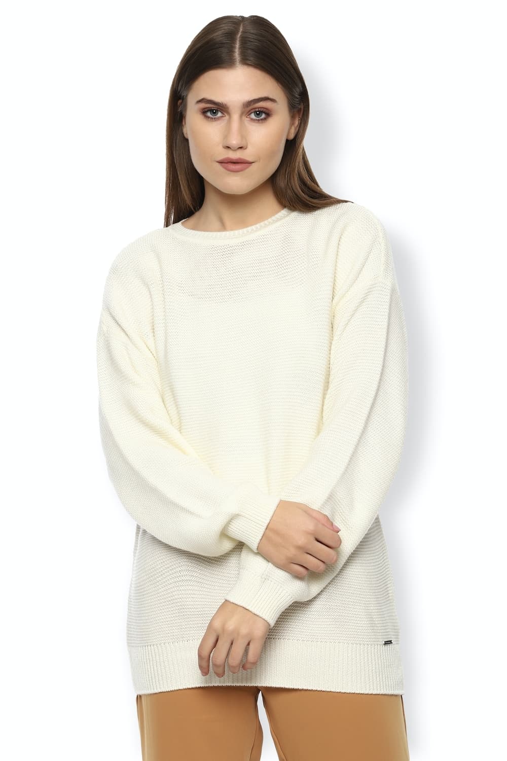 Women Cream Textured Round Neck Sweater | Vanheusenindia Women Cream Textured Round Neck Sweater | Vanheusenindia