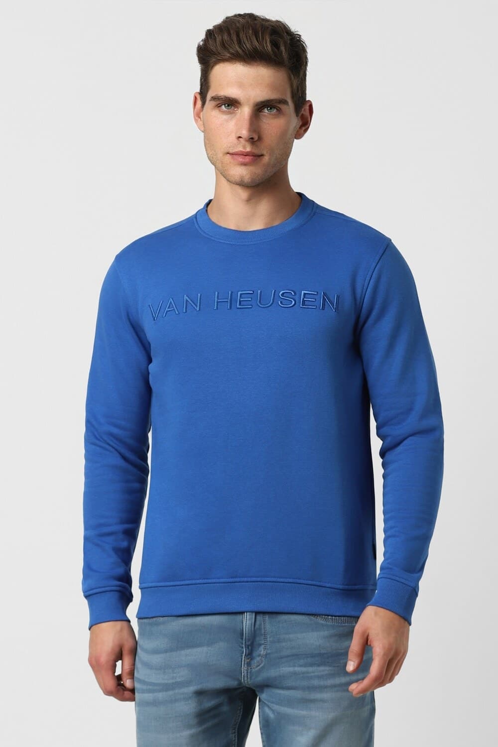 Men Blue Solid Crew Neck Sweatshirt | Vanheusenindia Men Blue Solid Crew Neck Sweatshirt | Vanheusenindia