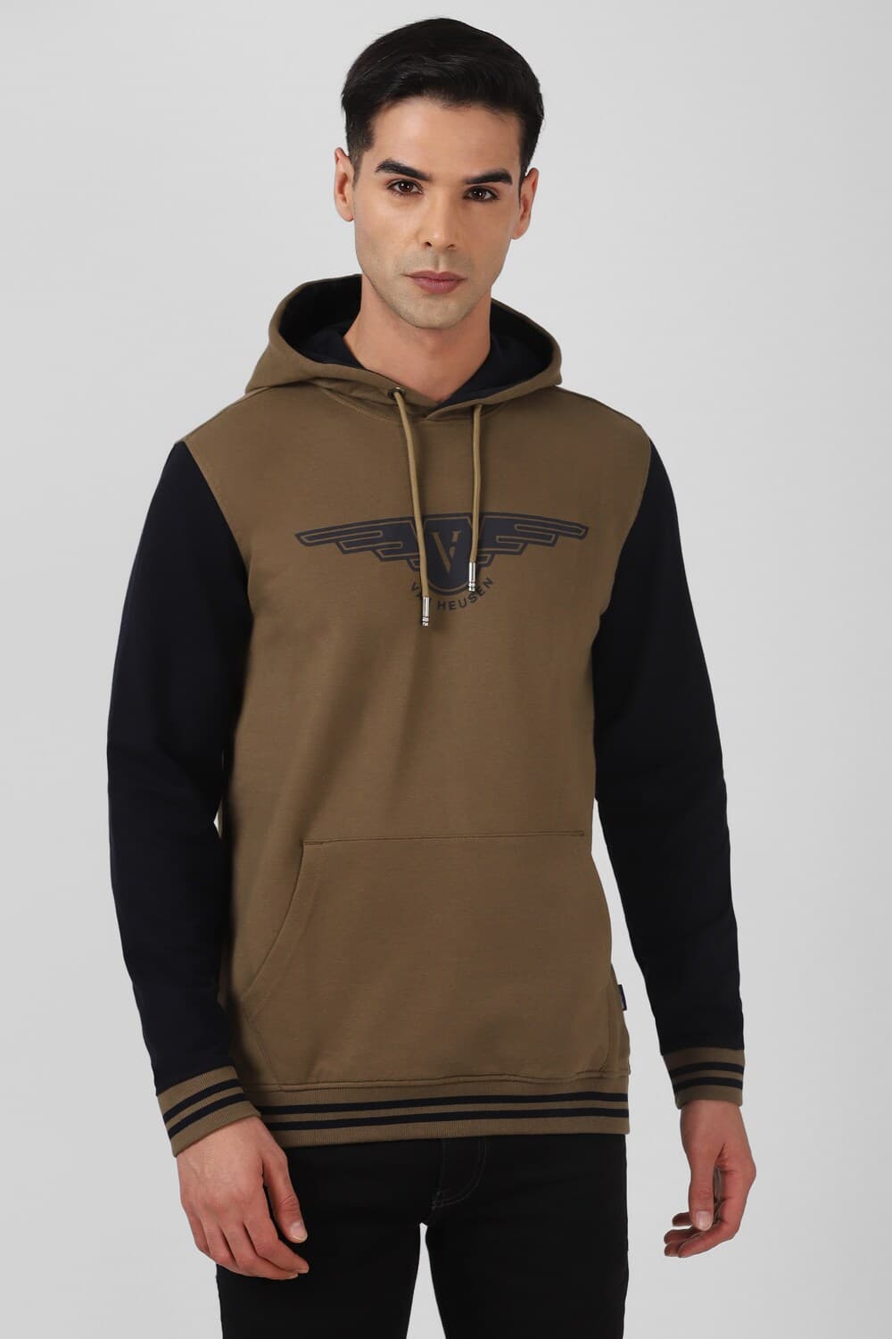 Men Brown Patterned Hooded Neck Sweatshirt | Vanheusenindia Men Brown Patterned Hooded Neck Sweatshirt | Vanheusenindia