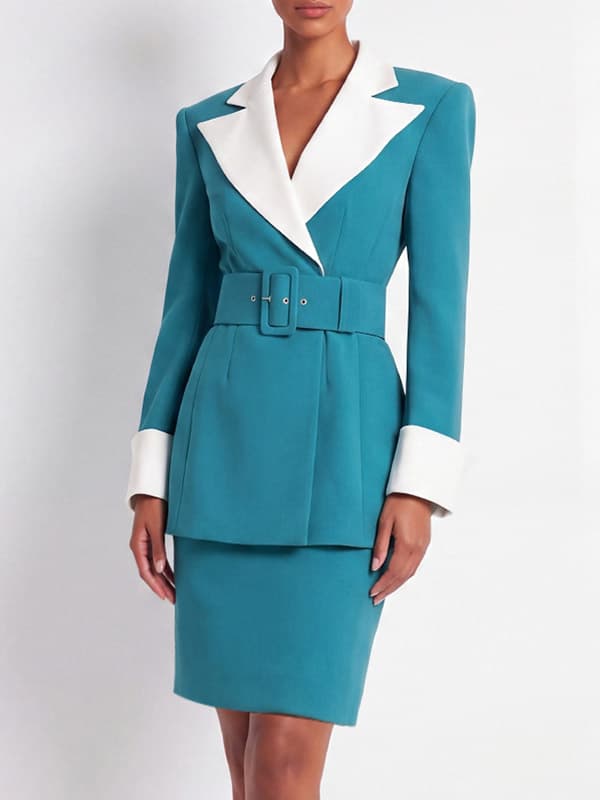Teal & White Contrast Blazer & Pencil Skirt 2-Piece Suit Teal & White Contrast Blazer & Pencil Skirt 2-Piece Suit