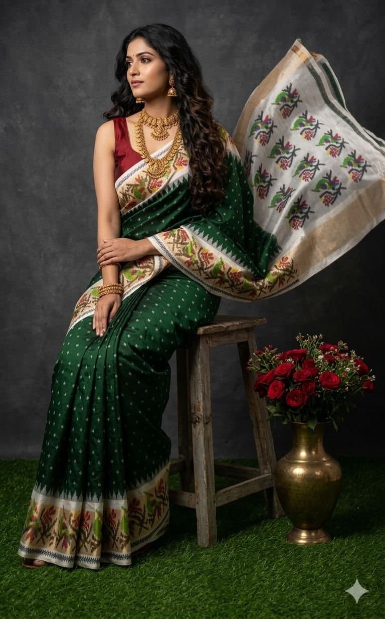 Green Handloom Pochampally Ikkat Silk Saree | Jrshandlooms Green Handloom Pochampally Ikkat Silk Saree | Jrshandlooms