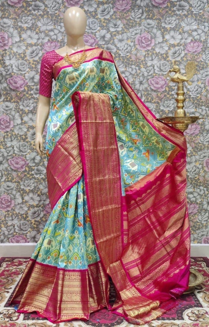 Pochampally Ikkat Silk Saree With Sea Green & Pink Kanchi Border - JRS Handlooms | Jrshandlooms Pochampally Ikkat Silk Saree With Sea Green & Pink Kanchi Border - JRS Handlooms | Jrshandlooms