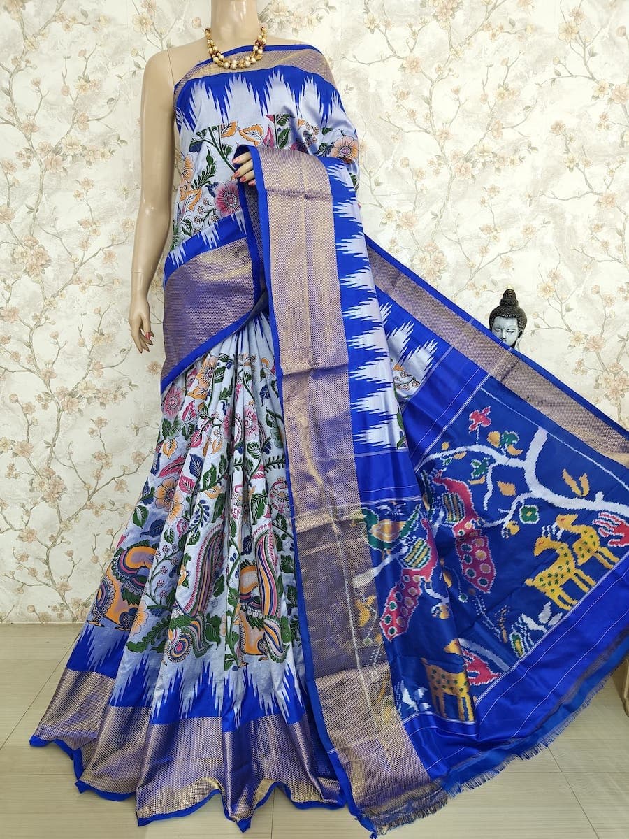 Pochampally Ikkat Saree Floral Design With Silver Tissue Border - JRS Handlooms | Jrshandlooms Pochampally Ikkat Saree Floral Design With Silver Tissue Border - JRS Handlooms | Jrshandlooms