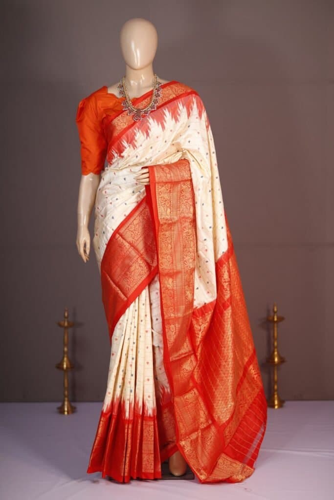 Pochampally Ikkat Saree With Cream & Red Kanchi Border - JRS Handlooms | Jrshandlooms Pochampally Ikkat Saree With Cream & Red Kanchi Border - JRS Handlooms | Jrshandlooms