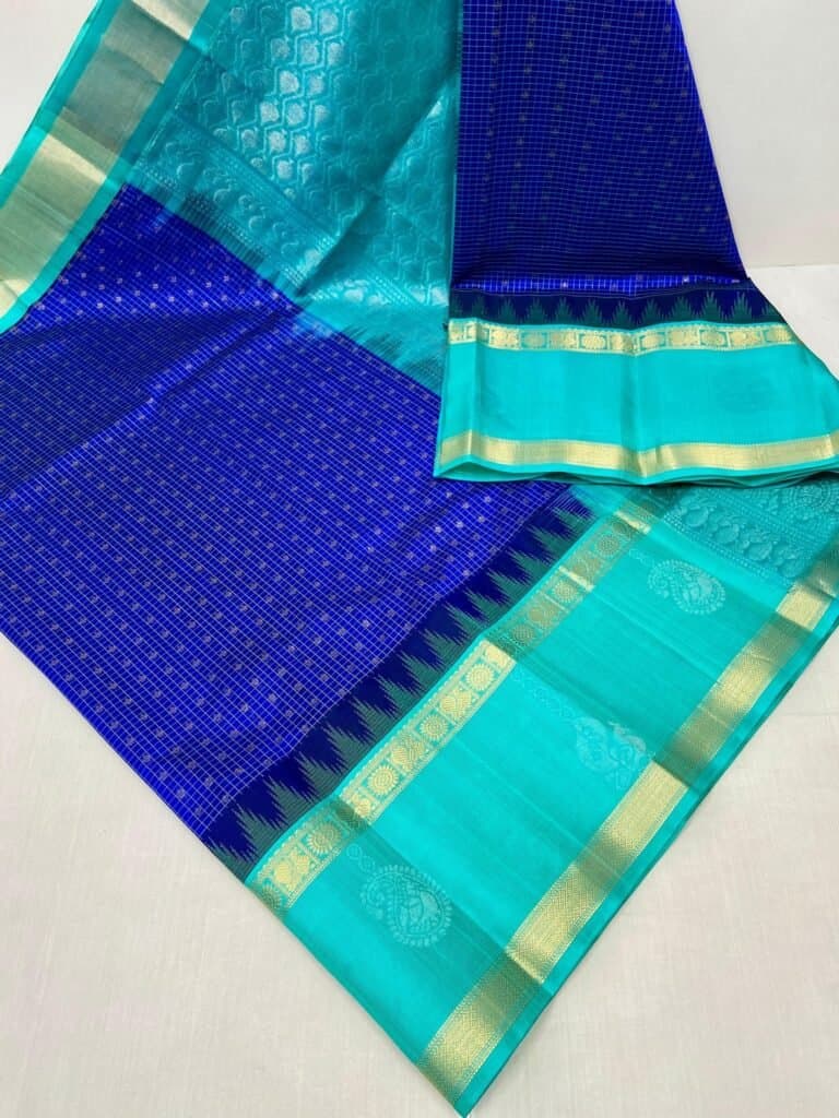 Blue Kuppadam Pattu Saree With Big Kanchi Border - JRS Handlooms | Jrshandlooms Blue Kuppadam Pattu Saree With Big Kanchi Border - JRS Handlooms | Jrshandlooms