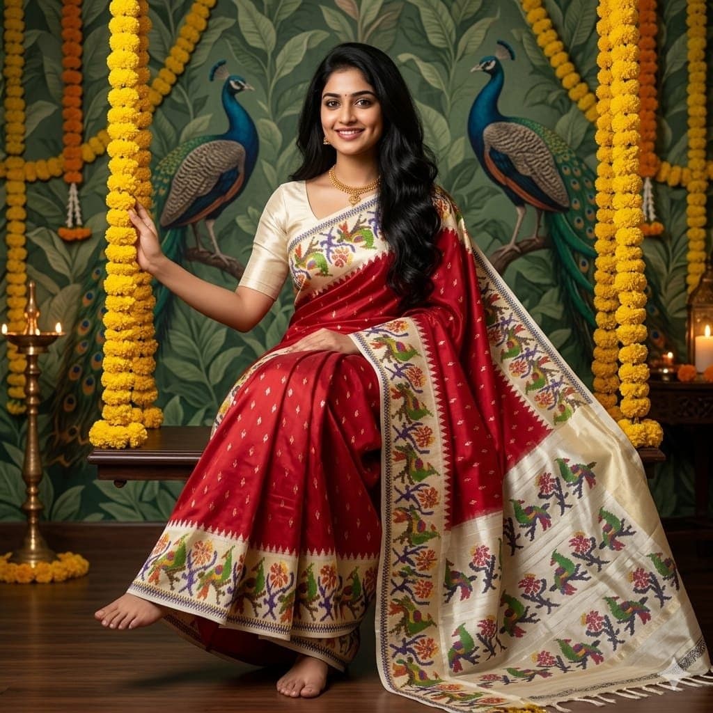 Red Pochampally Ikkat Silk Saree With Parrots Border | Jrshandlooms Red Pochampally Ikkat Silk Saree With Parrots Border | Jrshandlooms