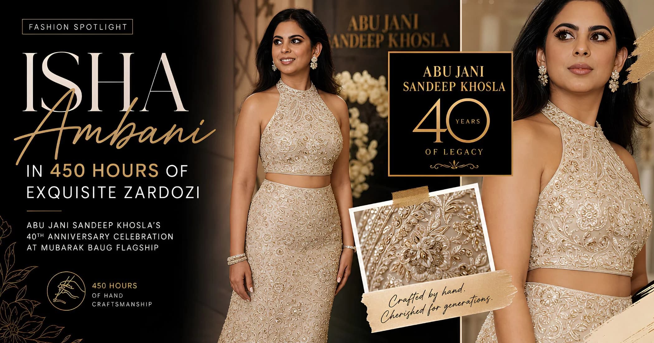 Isha Ambani’s 450-Hour Zardozi Look at Abu Jani Sandeep Khosla’s 40th Anniversary Isha Ambani’s 450-Hour Zardozi Look at Abu Jani Sandeep Khosla’s 40th Anniversary