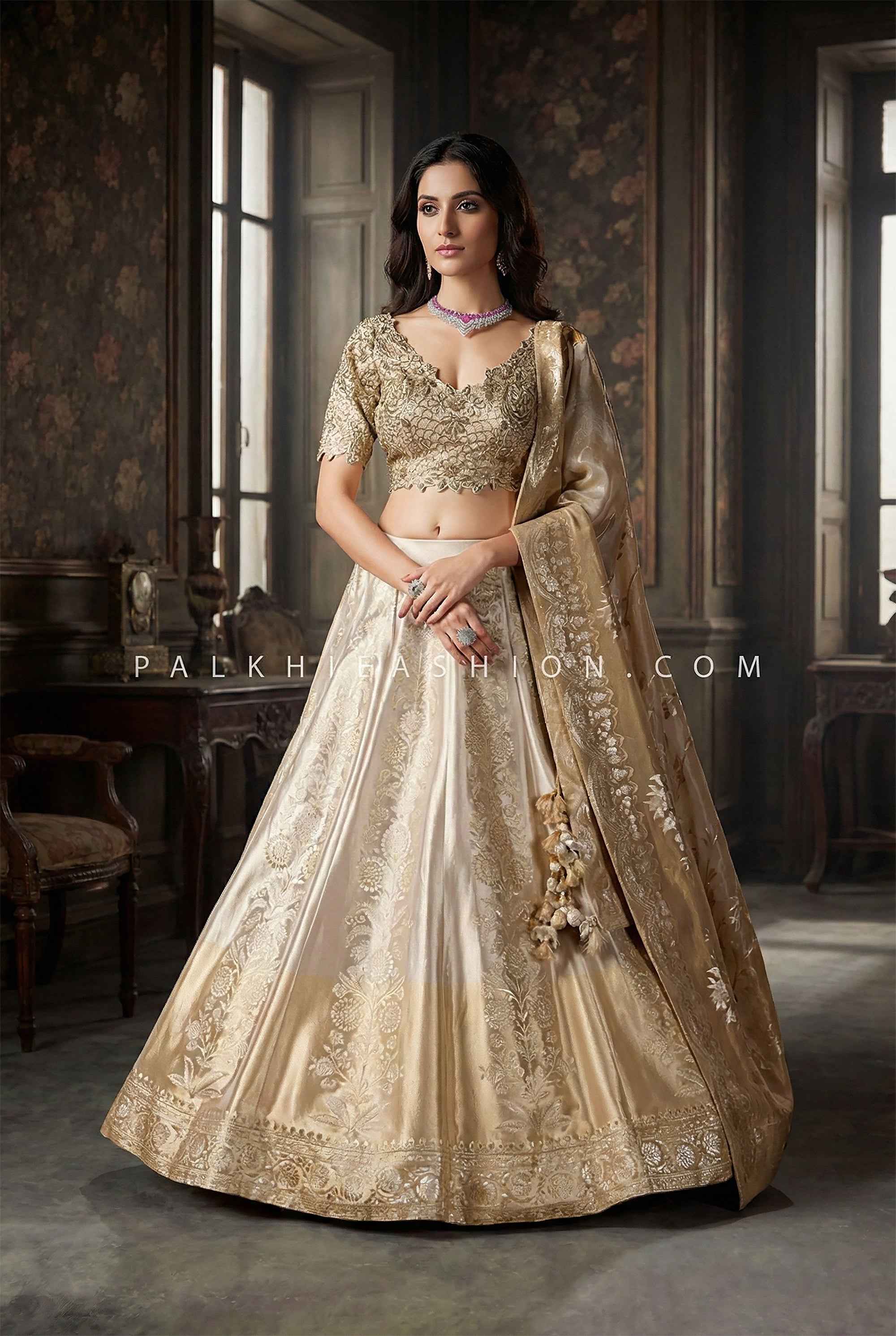 Champagne Gold Designer Lehenga Choli with Pure Silk Embroidery & Handwork | Palkhifashion Champagne Gold Designer Lehenga Choli with Pure Silk Embroidery & Handwork | Palkhifashion