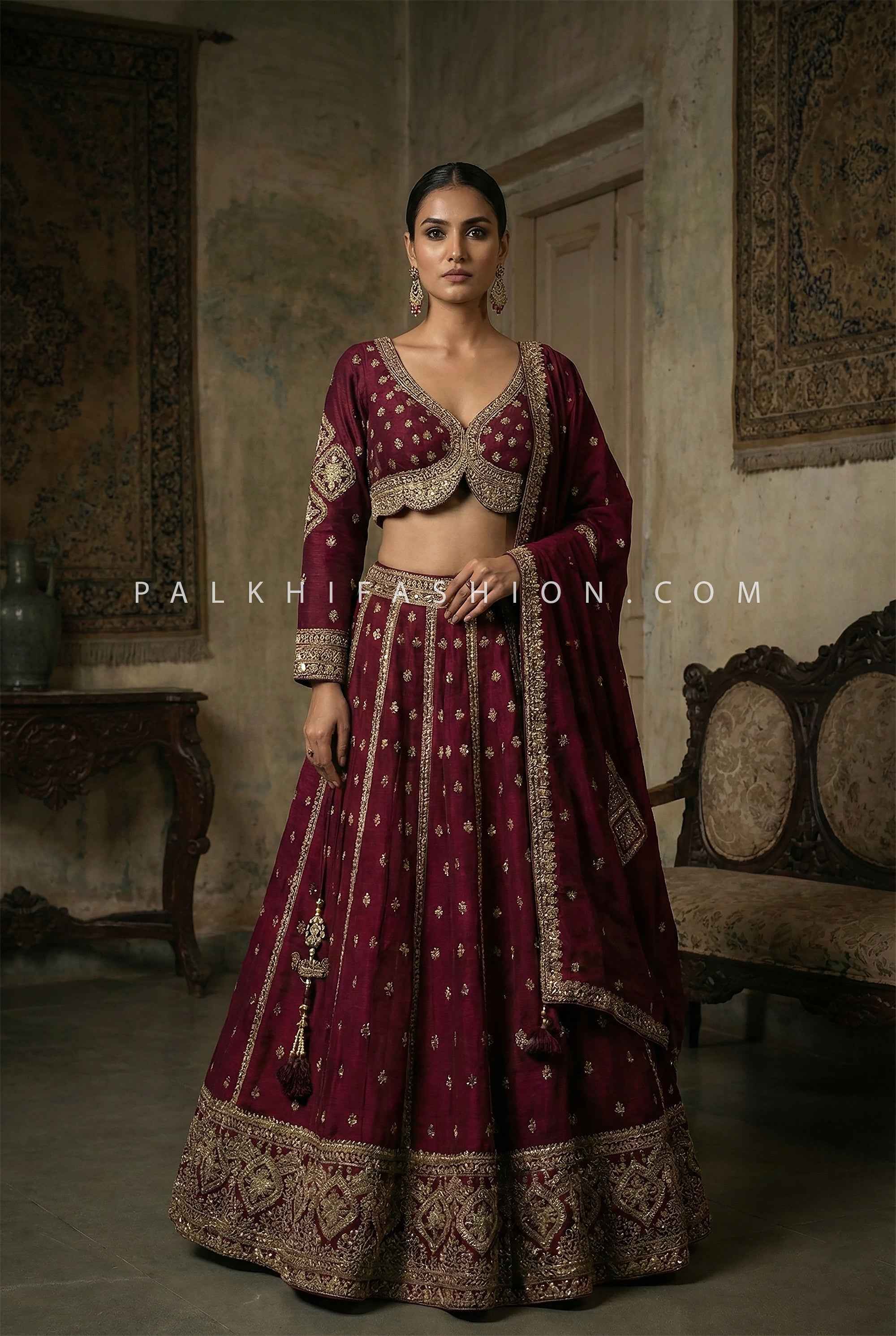 Elegant Wine Antique Gold Embroidered Silk Lehenga Choli | Palkhi Fashion | Palkhifashion Elegant Wine Antique Gold Embroidered Silk Lehenga Choli | Palkhi Fashion | Palkhifashion