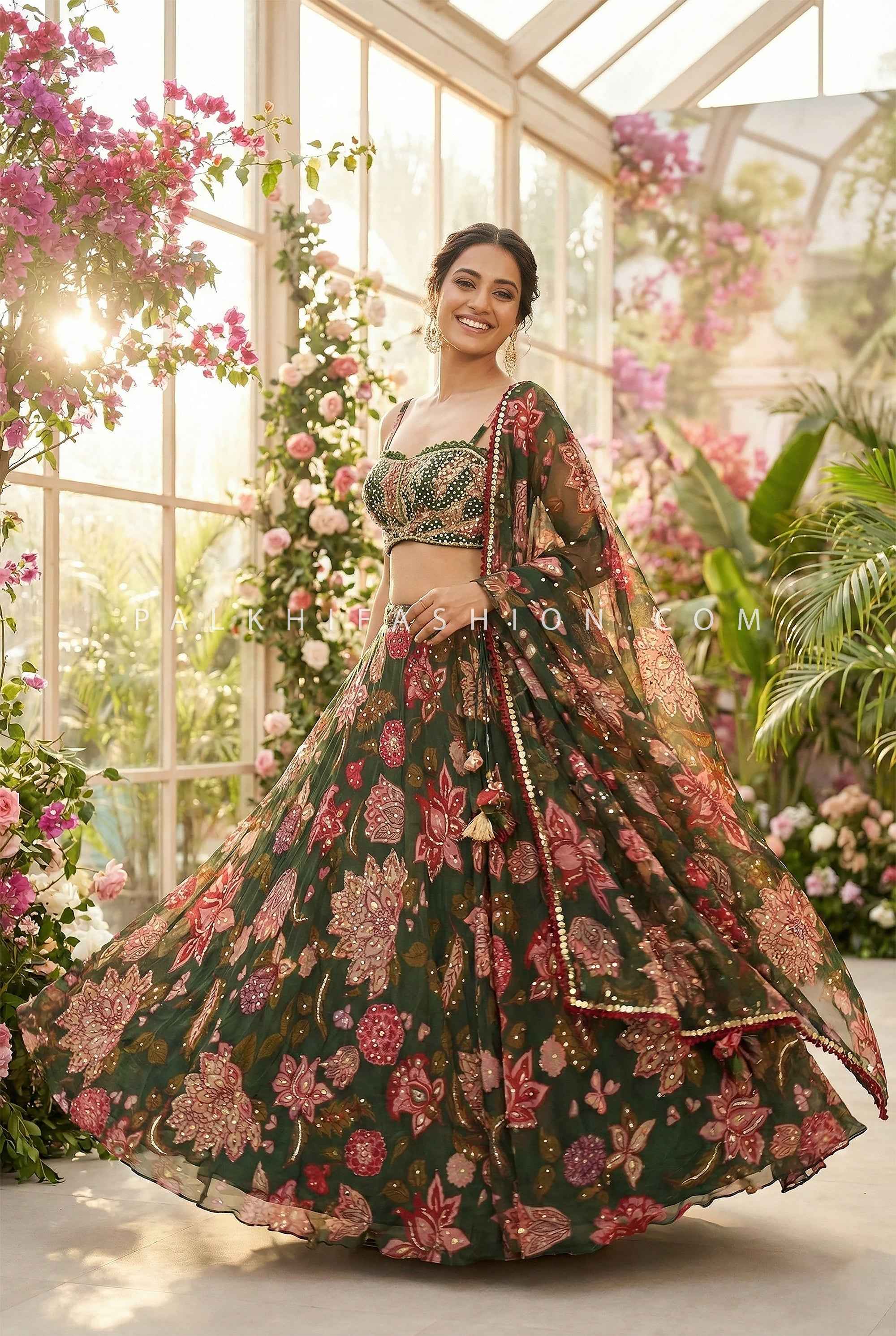 Emerald Bloom- Dark Green Floral Designer Lehenga Set – Palkhi Fashion | Palkhifashion Emerald Bloom- Dark Green Floral Designer Lehenga Set – Palkhi Fashion | Palkhifashion