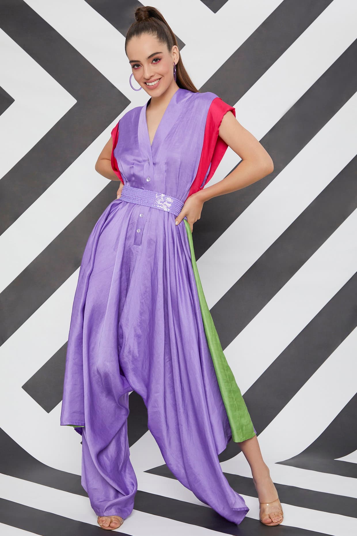 Mauve & Fuchsia Satin Jumpsuit With Belt Mauve & Fuchsia Satin Jumpsuit With Belt