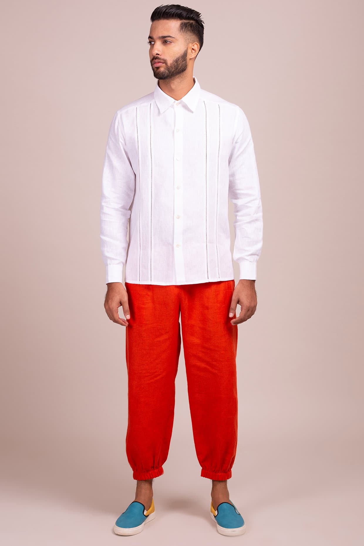Open Collar Full Sleeve Button Front Shirt With Ladder Stitch Detail | Wendell Rodricks Open Collar Full Sleeve Button Front Shirt With Ladder Stitch Detail | Wendell Rodricks