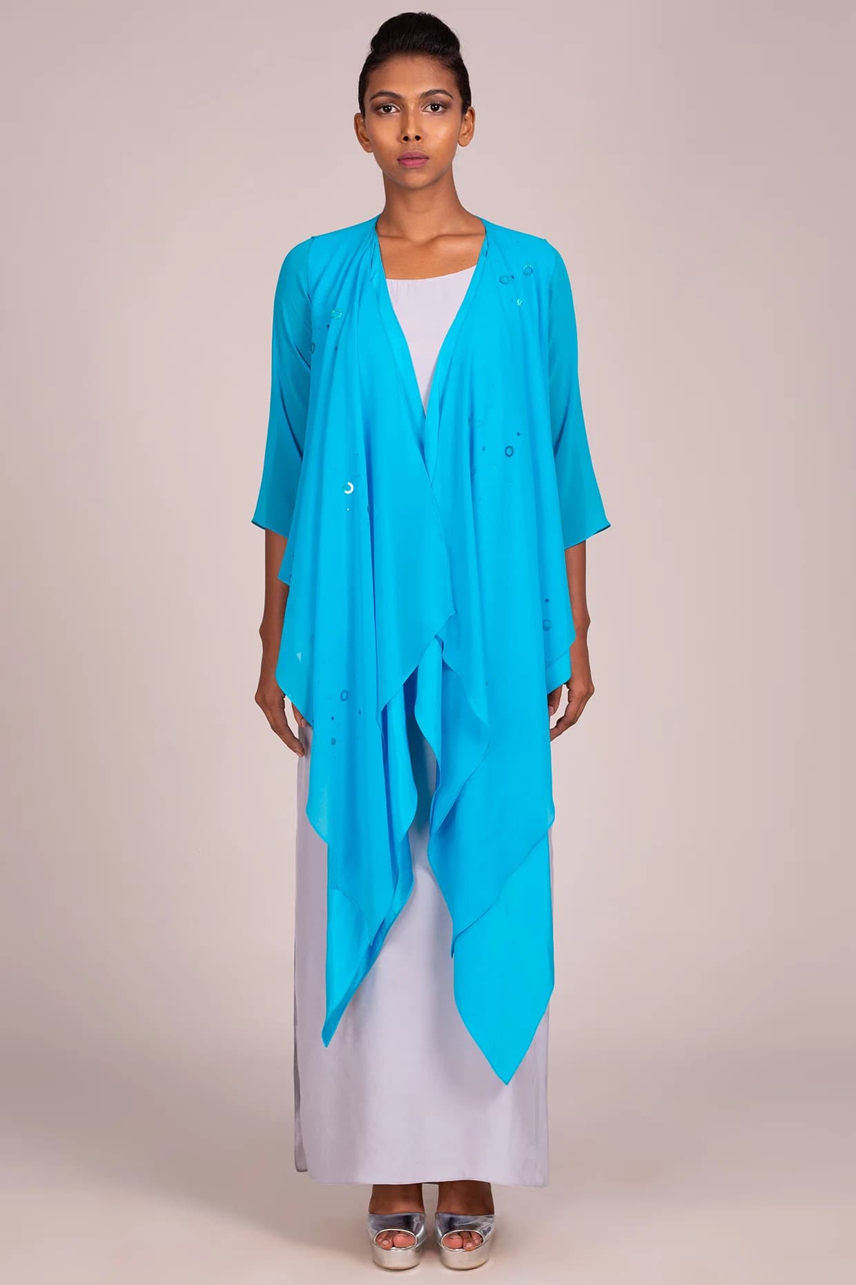 3 Quarter Sleeve Square Cut Draped Front-Open Embroidered Overtop | Wendell Rodricks 3 Quarter Sleeve Square Cut Draped Front-Open Embroidered Overtop | Wendell Rodricks