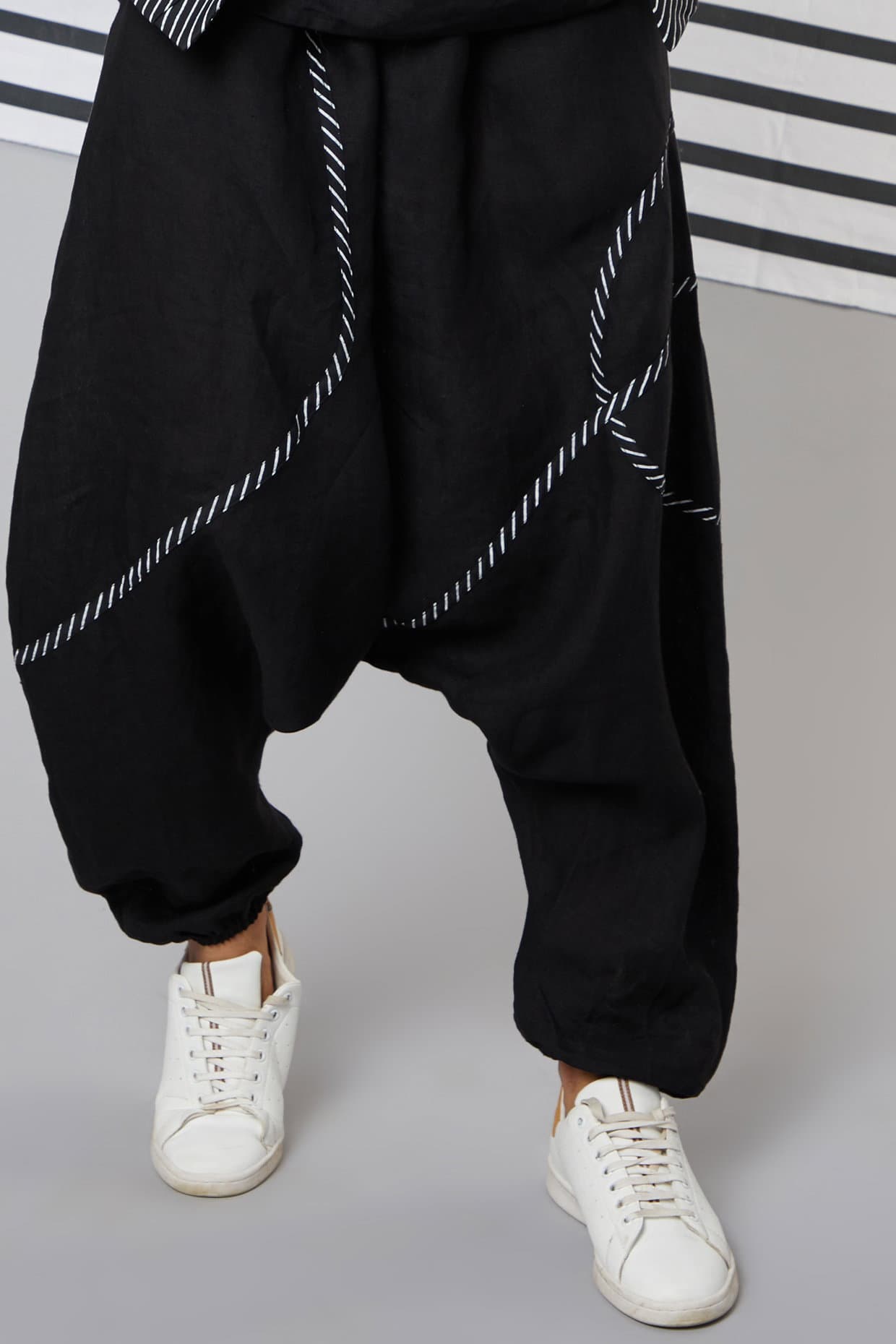 Black Linen Striped Tape Dhoti Pants Black Linen Striped Tape Dhoti Pants