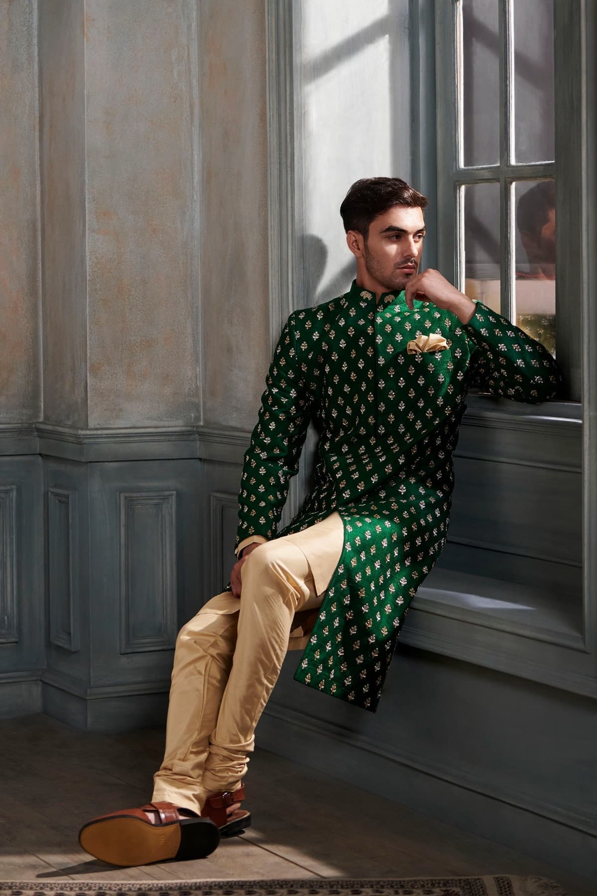 Paroksh Embroidered Silk Sherwani - Green | Anitadongre Paroksh Embroidered Silk Sherwani - Green | Anitadongre