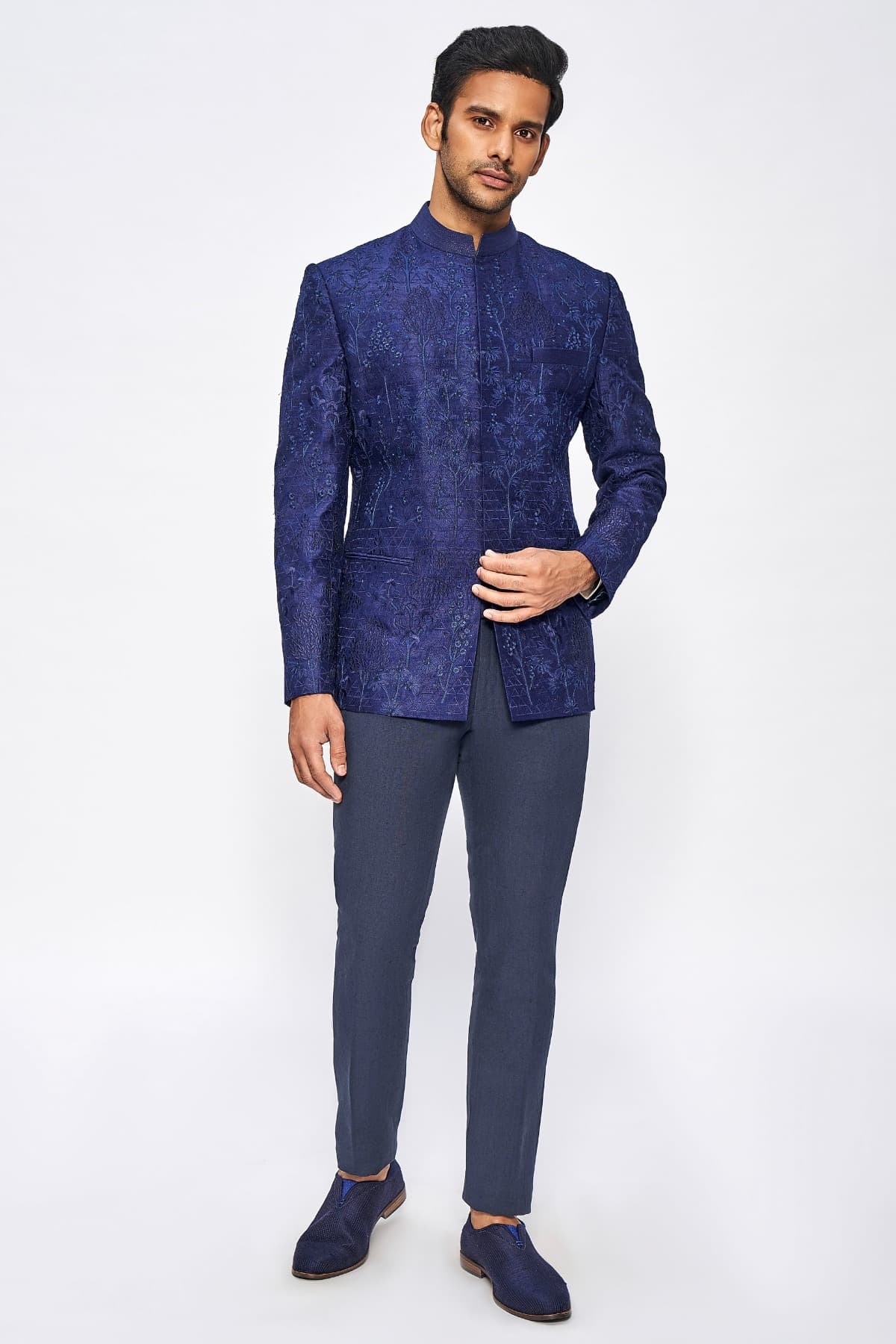 Hanzal Silk Bandhgala - Navy Blue | Anitadongre Hanzal Silk Bandhgala - Navy Blue | Anitadongre