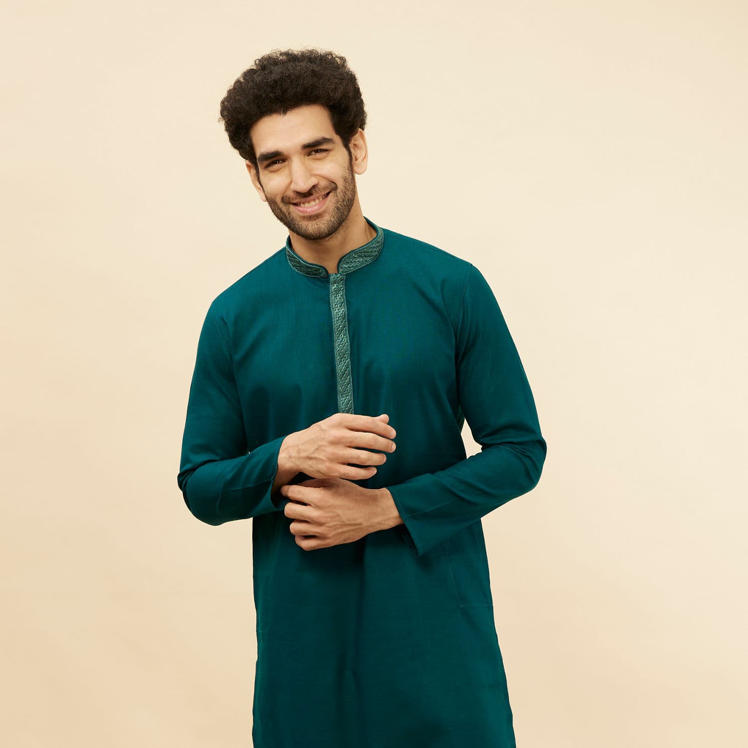 Teal Blue Embroidered Neckline Kurta Set | Manyavar Teal Blue Embroidered Neckline Kurta Set | Manyavar