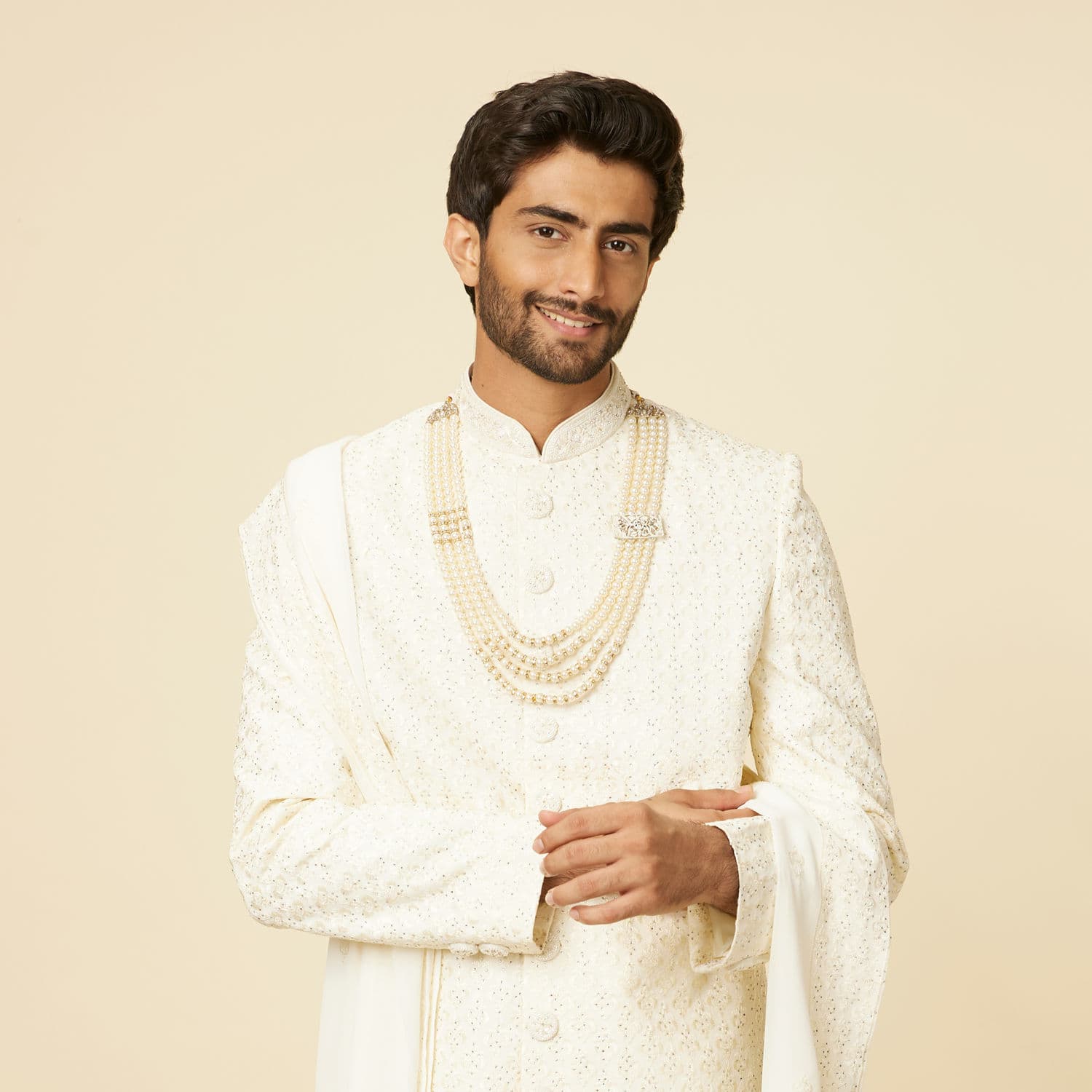 Warm White Sequined Sherwani Set Warm White Sequined Sherwani Set
