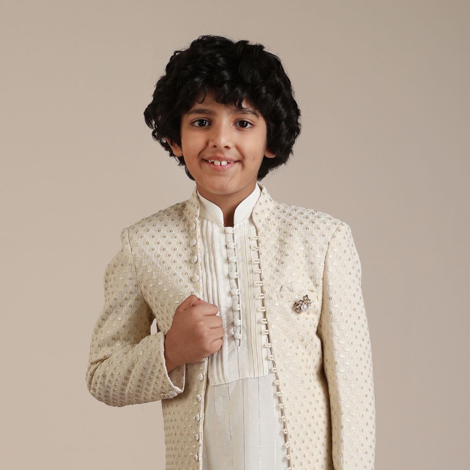 Boys Cream Self Patterned Indo Western Set with Mirror work Boys Cream Self Patterned Indo Western Set with Mirror work