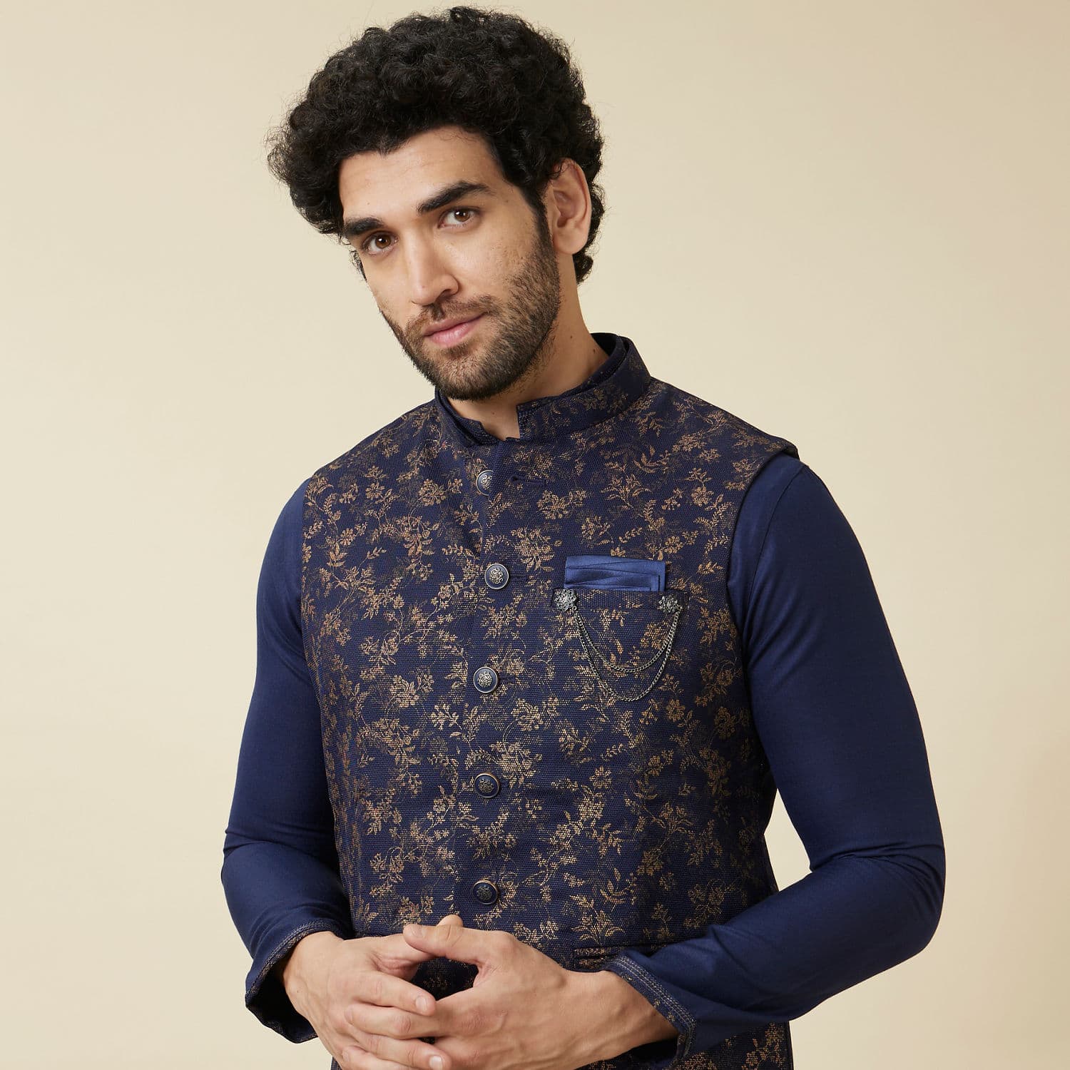 Twilight Blue Floral Printed Jacket Set | Manyavar Twilight Blue Floral Printed Jacket Set | Manyavar