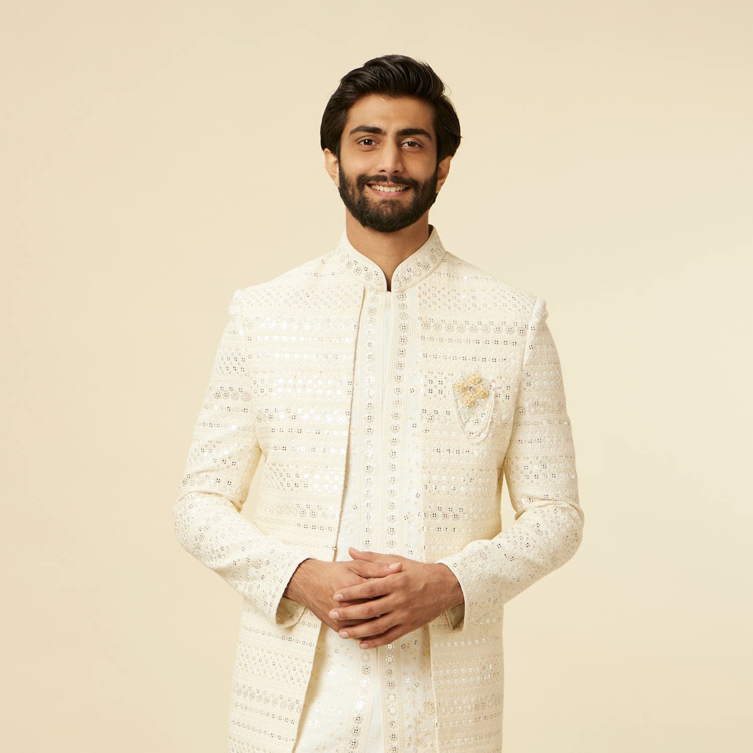 Cream Open Sherwani Jacket Set with Mirror Work Cream Open Sherwani Jacket Set with Mirror Work