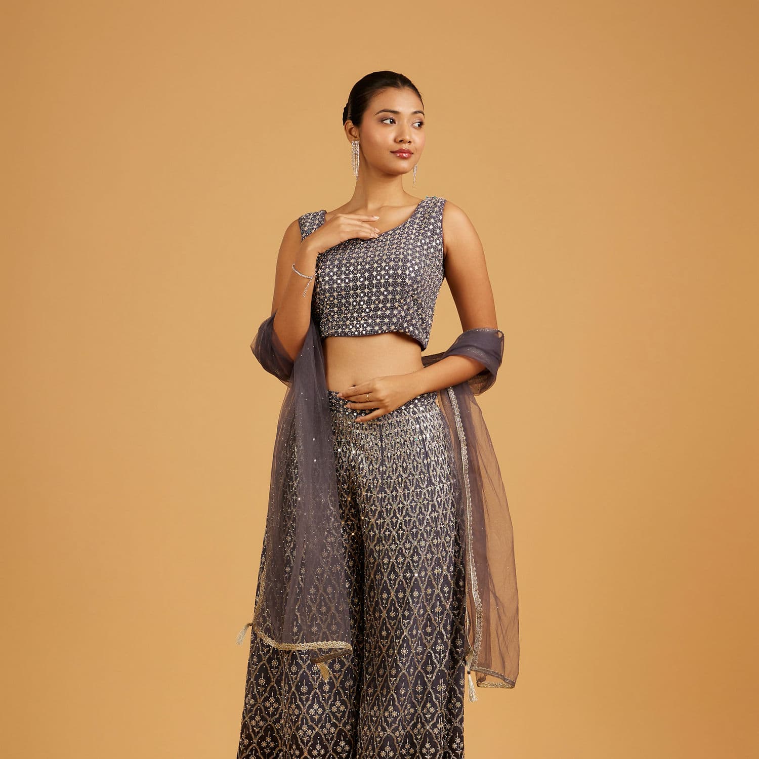Cool Grey Jaal Patterned Indo Western with Sequin Work Cool Grey Jaal Patterned Indo Western with Sequin Work