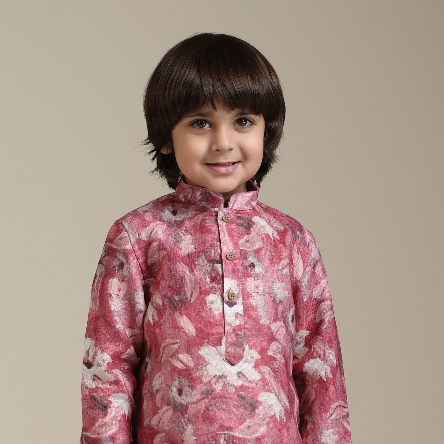 Boys Coral Pink Floral Patterned Kurta Set Boys Coral Pink Floral Patterned Kurta Set