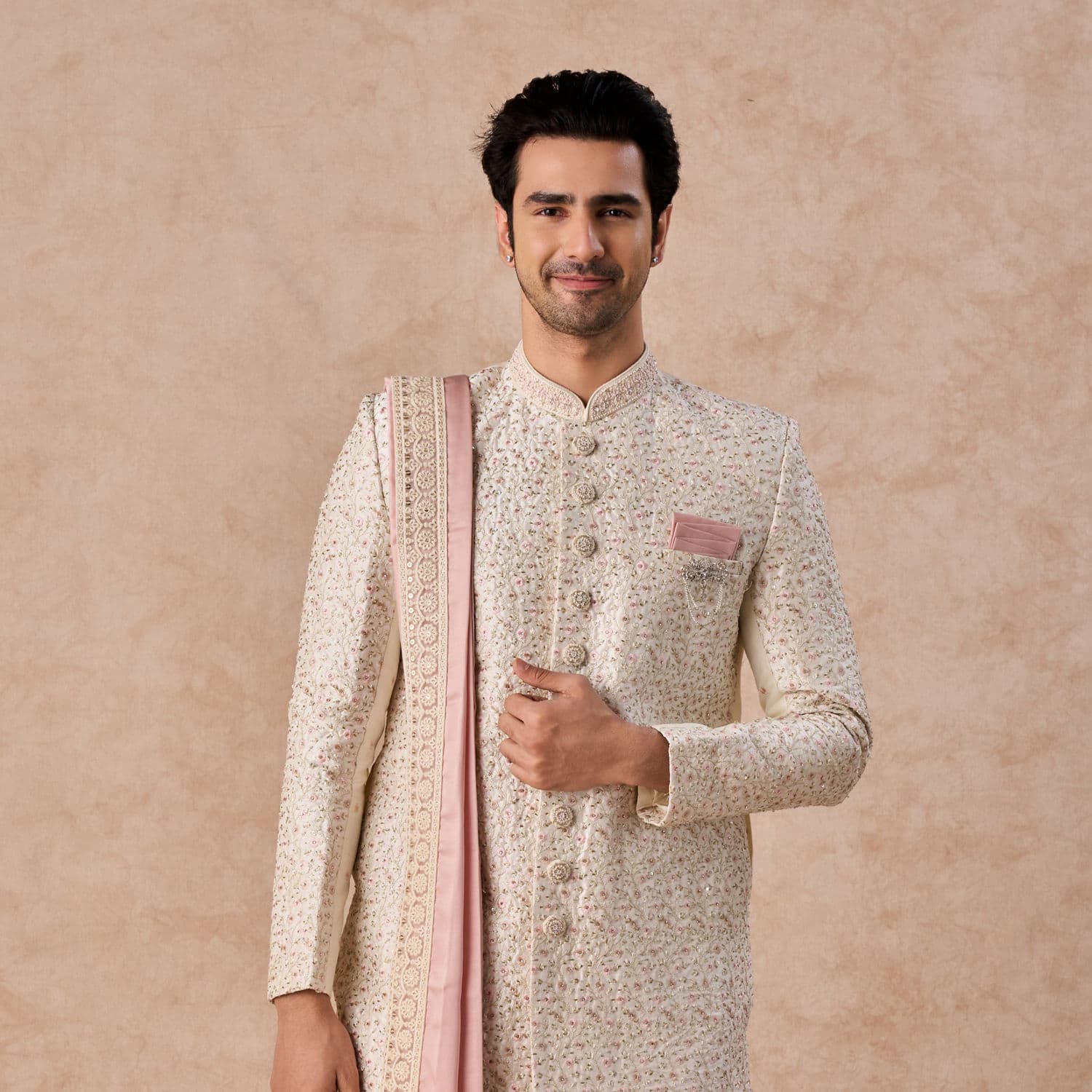 Royal Elegance Cream Sherwani | Manyavar Royal Elegance Cream Sherwani | Manyavar