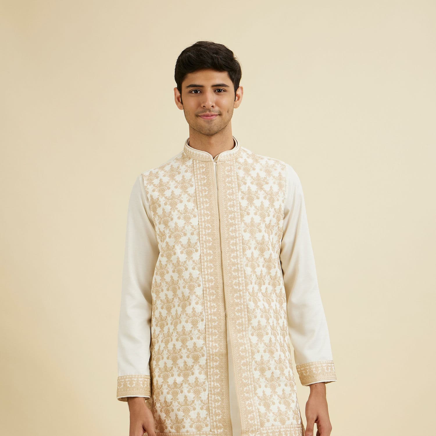 Beige Splendour Kurta Jacket Set | Manyavar Beige Splendour Kurta Jacket Set | Manyavar
