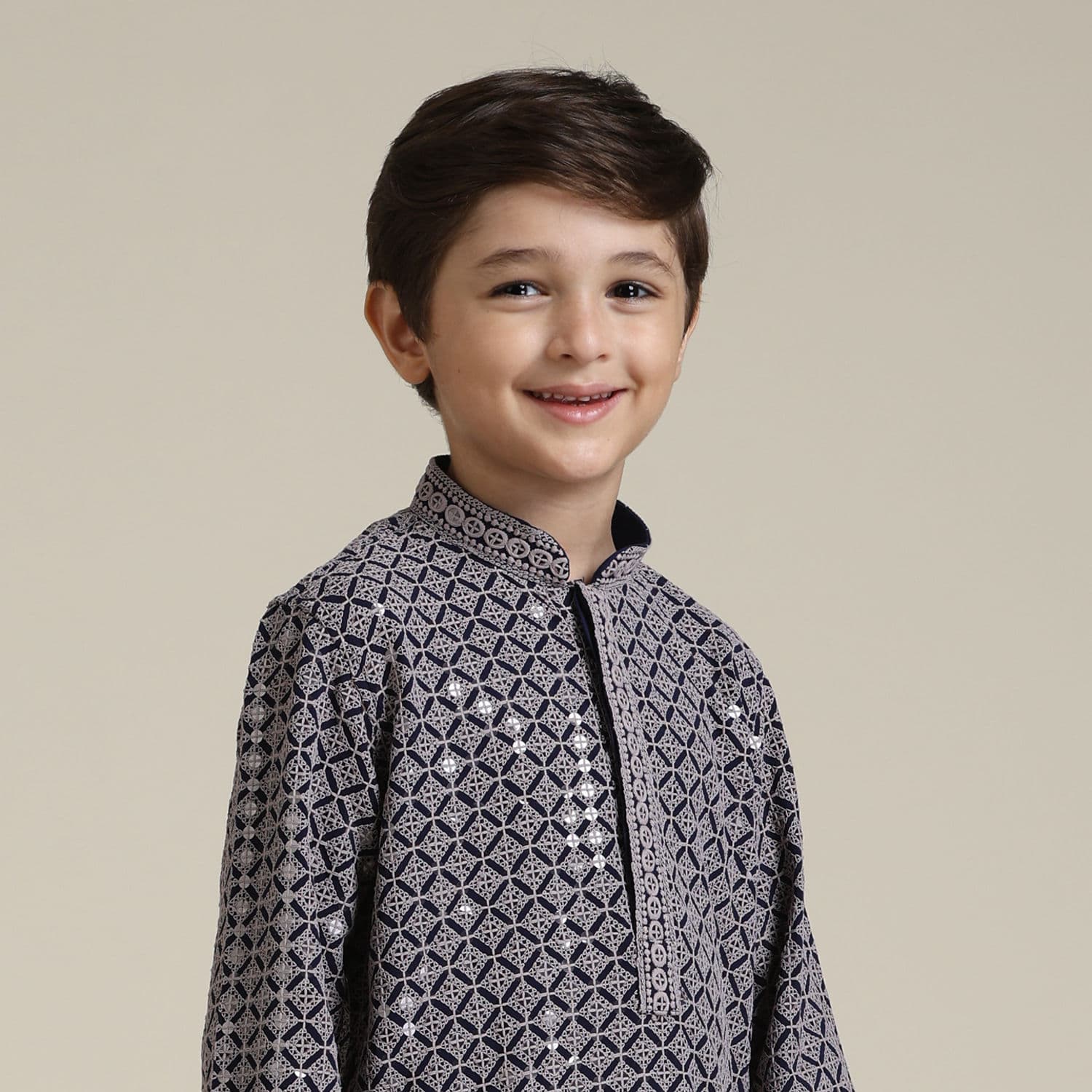 Boys Concrete Grey Harlequin Patterned Kurta Set with Sequin Work | Manyavar Boys Concrete Grey Harlequin Patterned Kurta Set with Sequin Work | Manyavar
