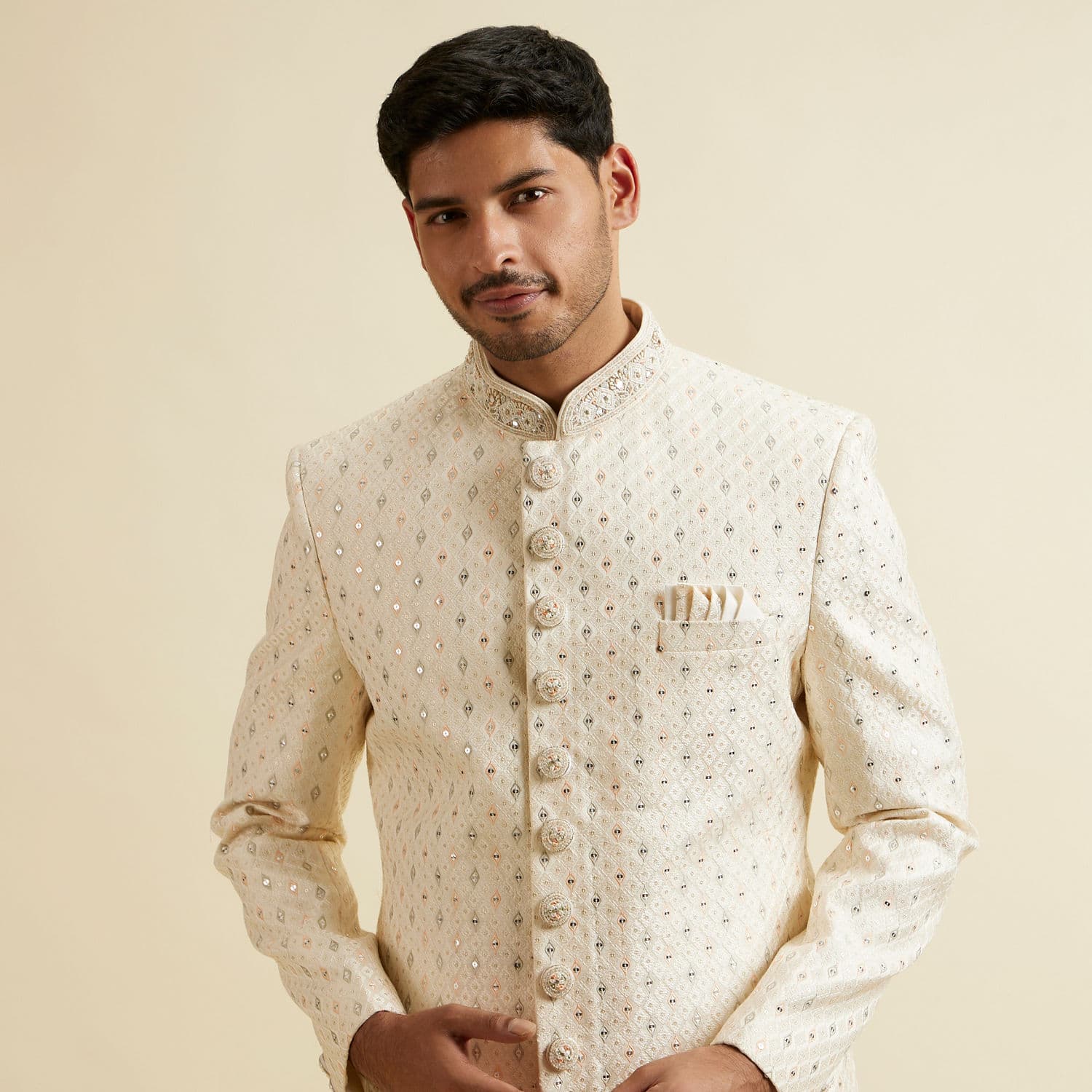 Cream Sherwani Set with Mirror Embellishments Cream Sherwani Set with Mirror Embellishments