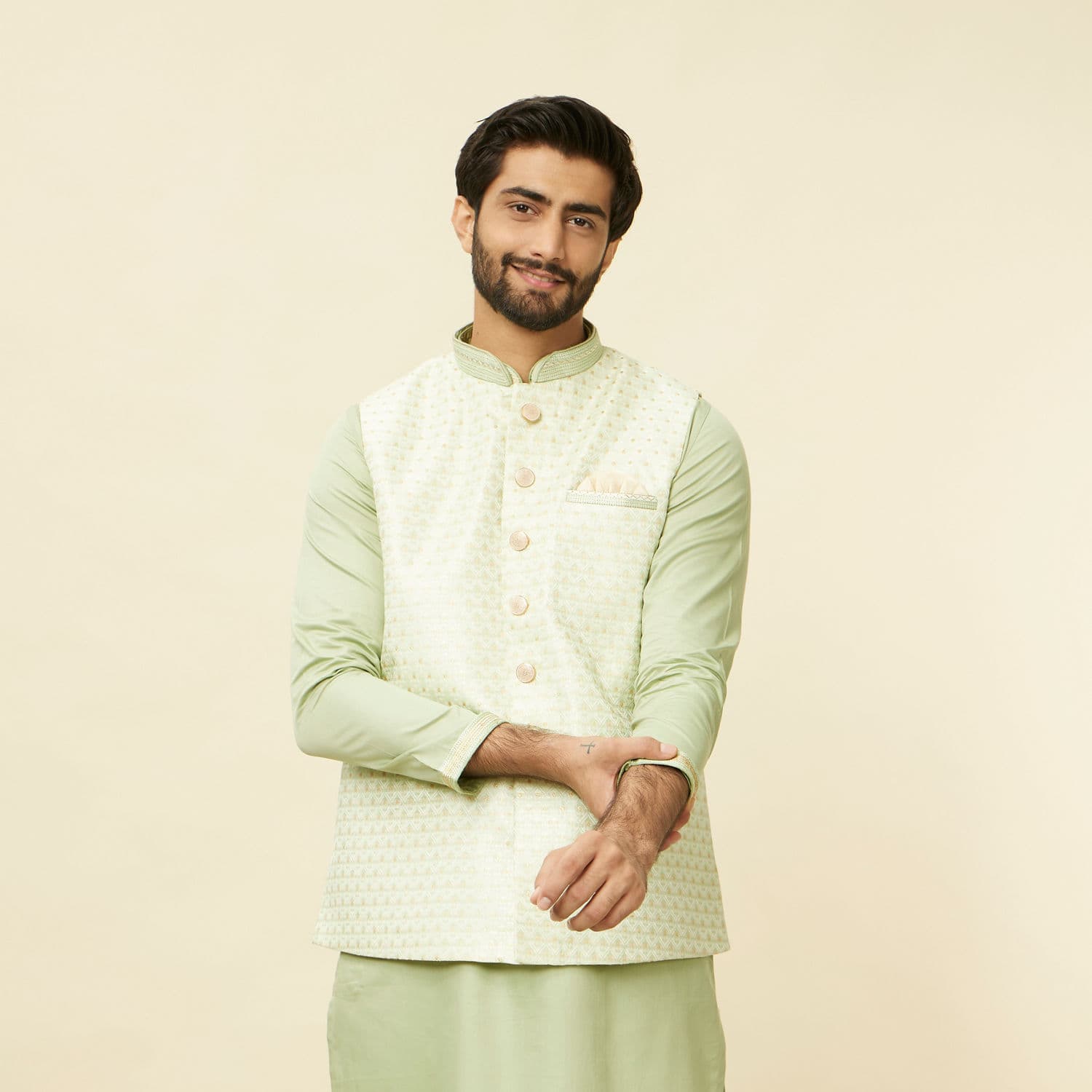 Lime Green Self Patterned Jacket Set | Manyavar Lime Green Self Patterned Jacket Set | Manyavar