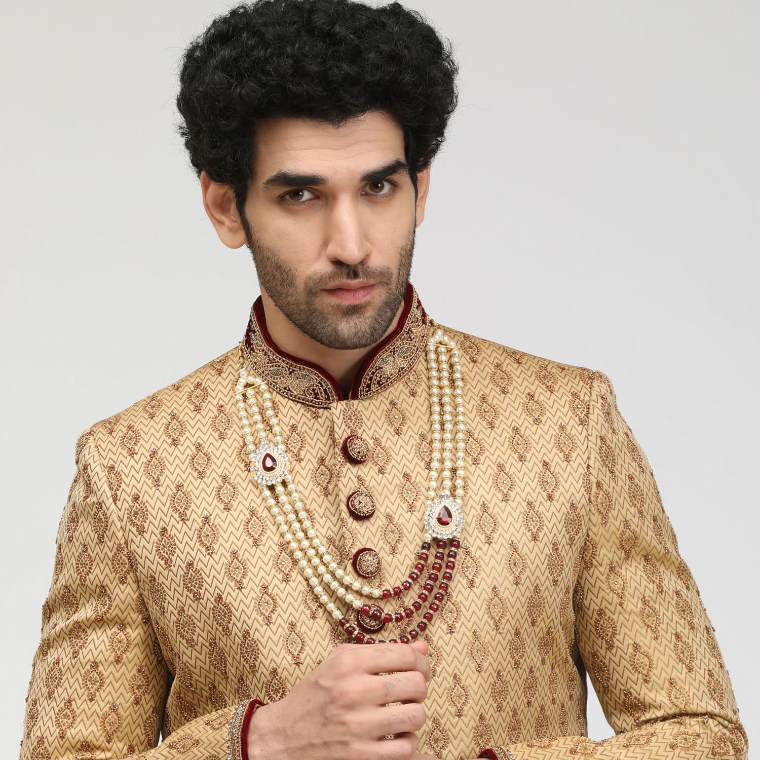 Beige Jacquard Sherwani Set | Manyavar Beige Jacquard Sherwani Set | Manyavar