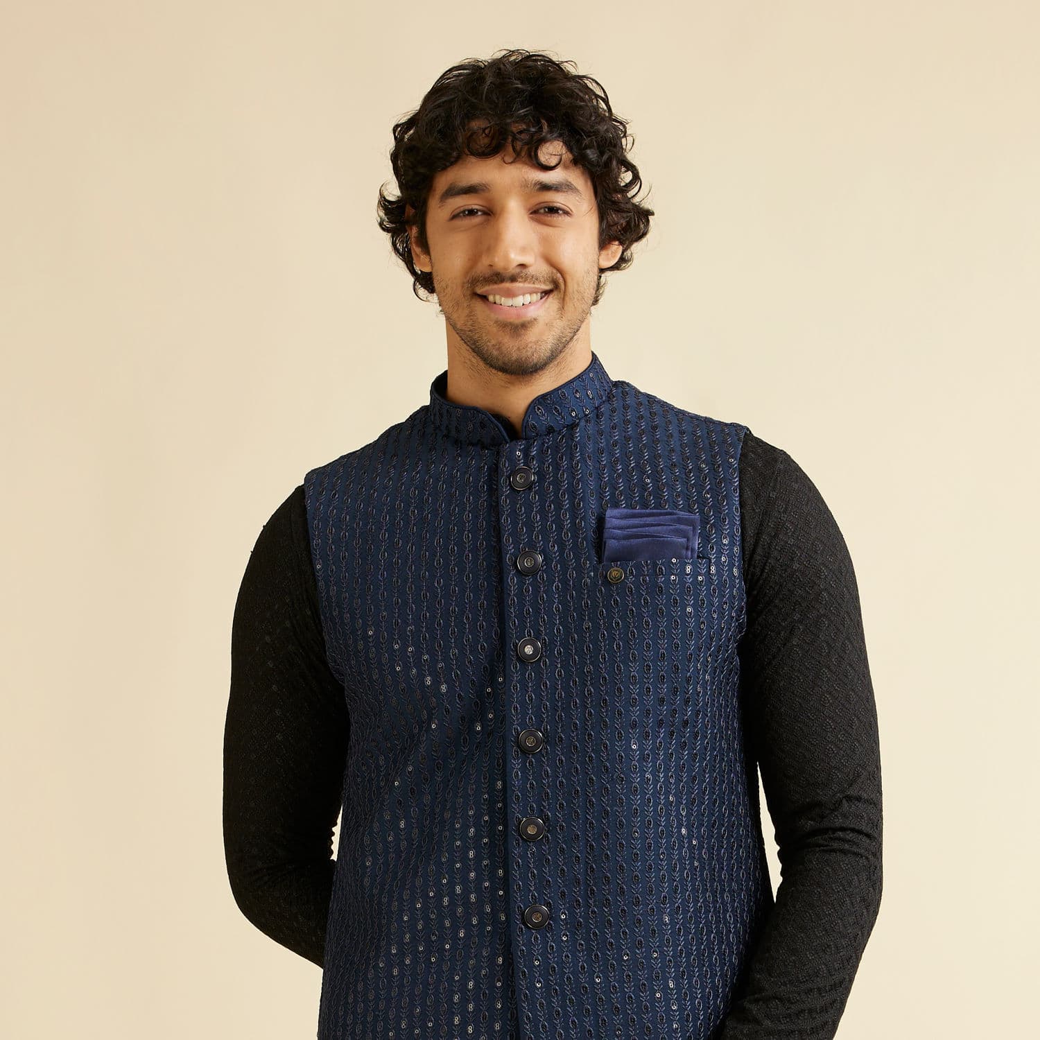 Dark Blue Mirror Embellished Nehru Jacket Dark Blue Mirror Embellished Nehru Jacket