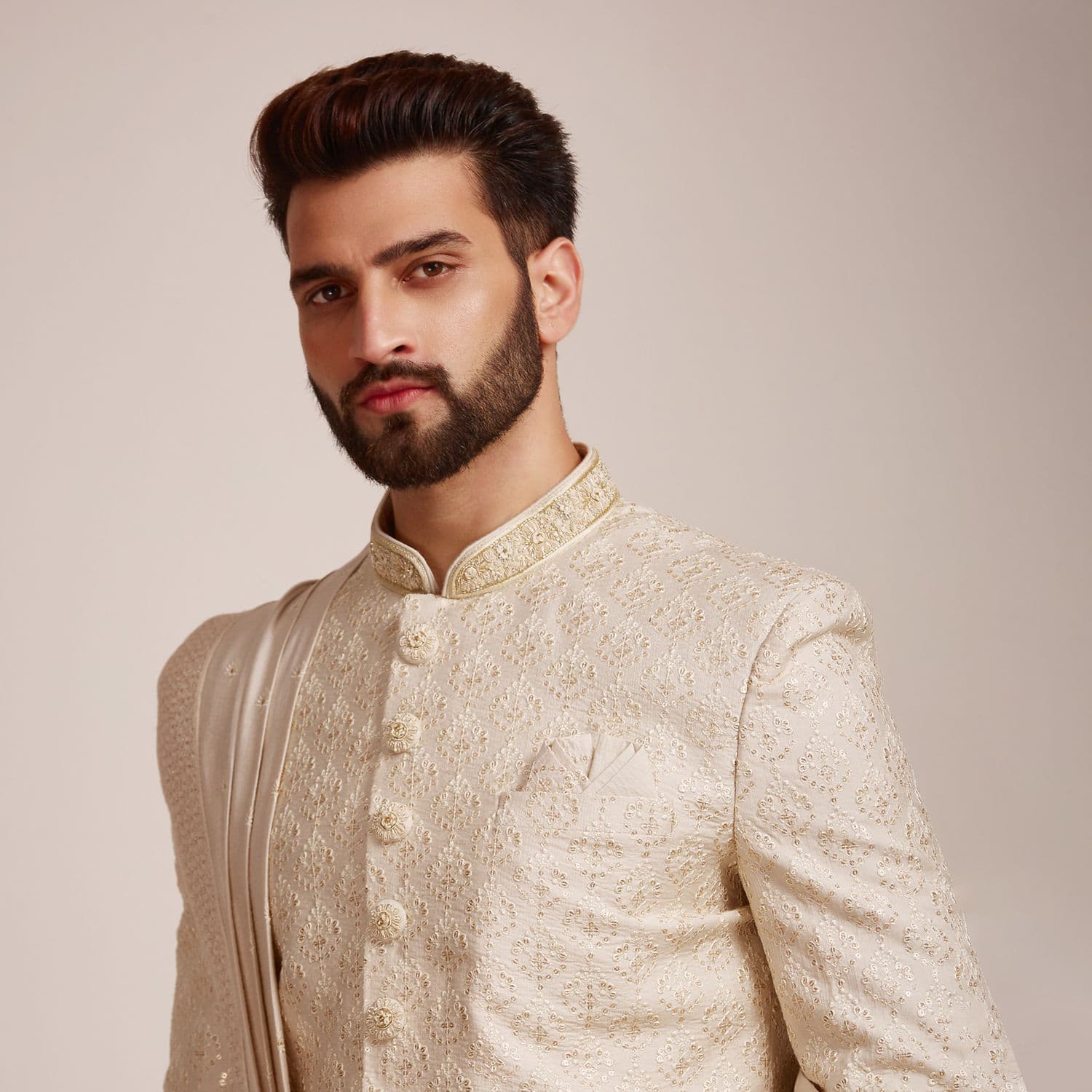 Beige Biscuit Patterned Sherwani Set | Manyavar Beige Biscuit Patterned Sherwani Set | Manyavar
