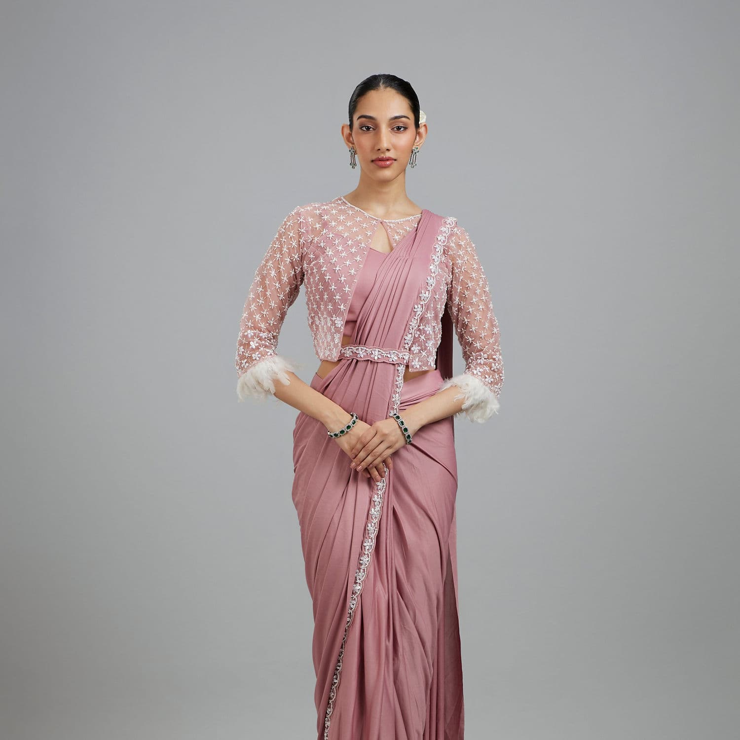 Enchanting Dusty Pink Elegance Pre Draped Saree | Manyavar Enchanting Dusty Pink Elegance Pre Draped Saree | Manyavar