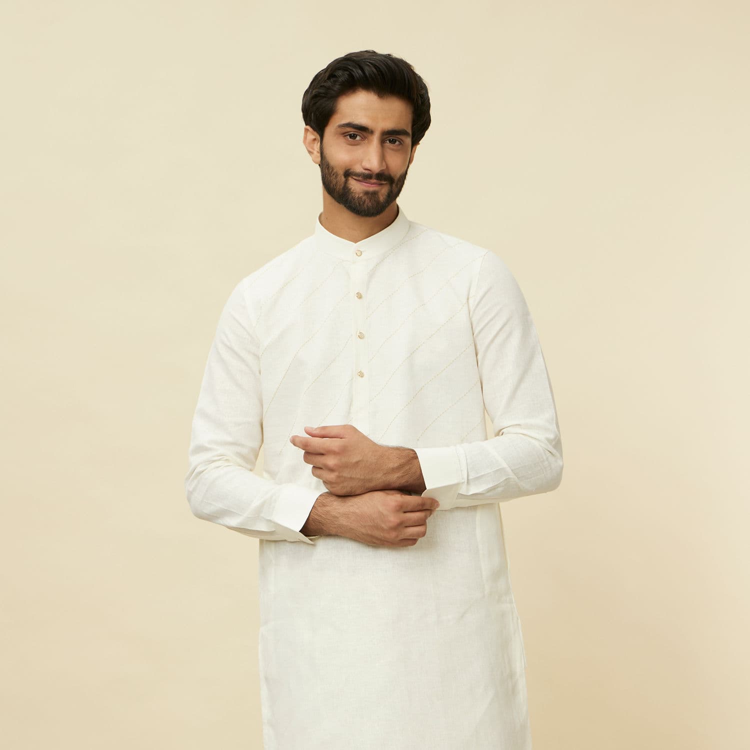 Pearled Ivory White Diagonal Print Kurta Pearled Ivory White Diagonal Print Kurta