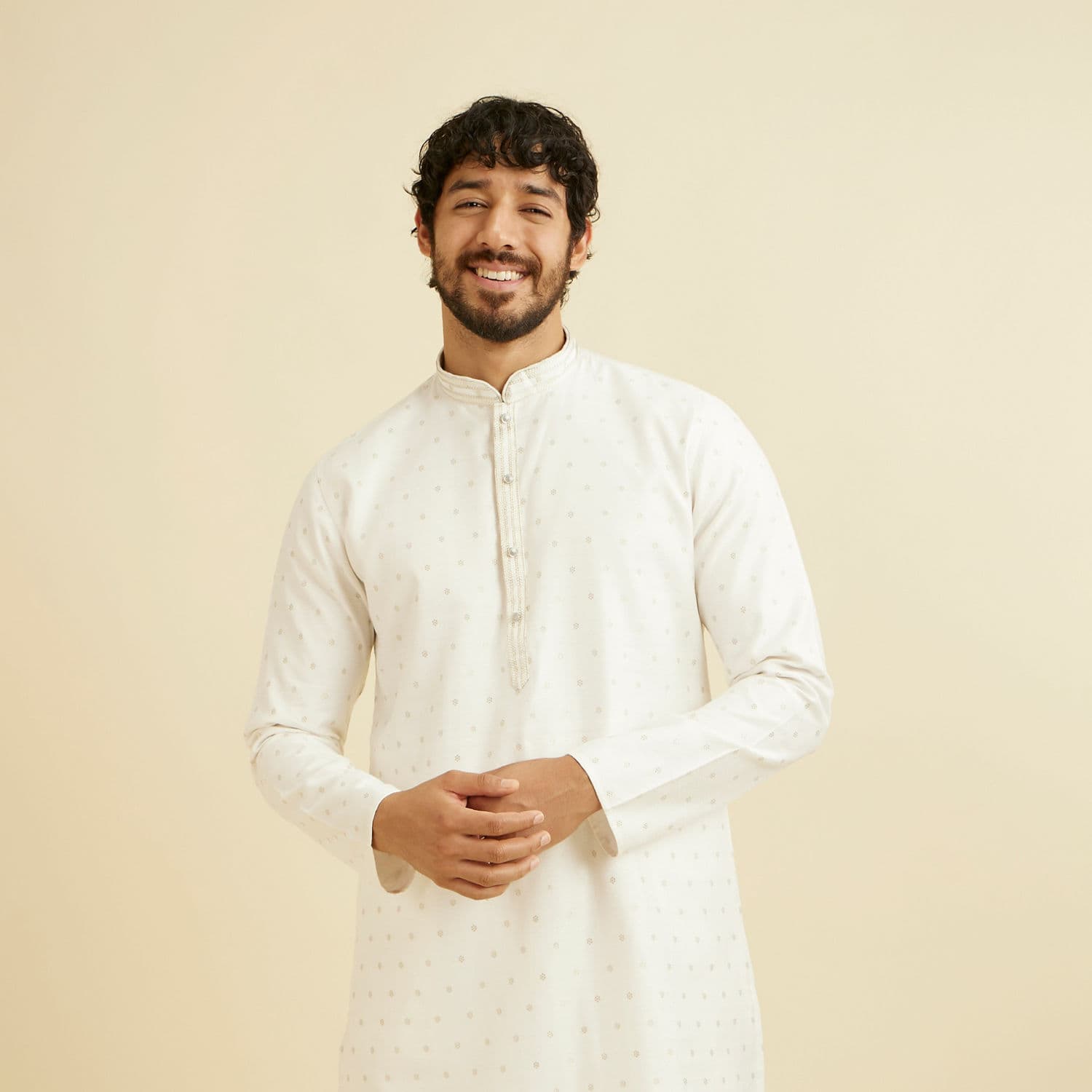 Warm White Floral Buta Patterned Kurta Set | Manyavar Warm White Floral Buta Patterned Kurta Set | Manyavar