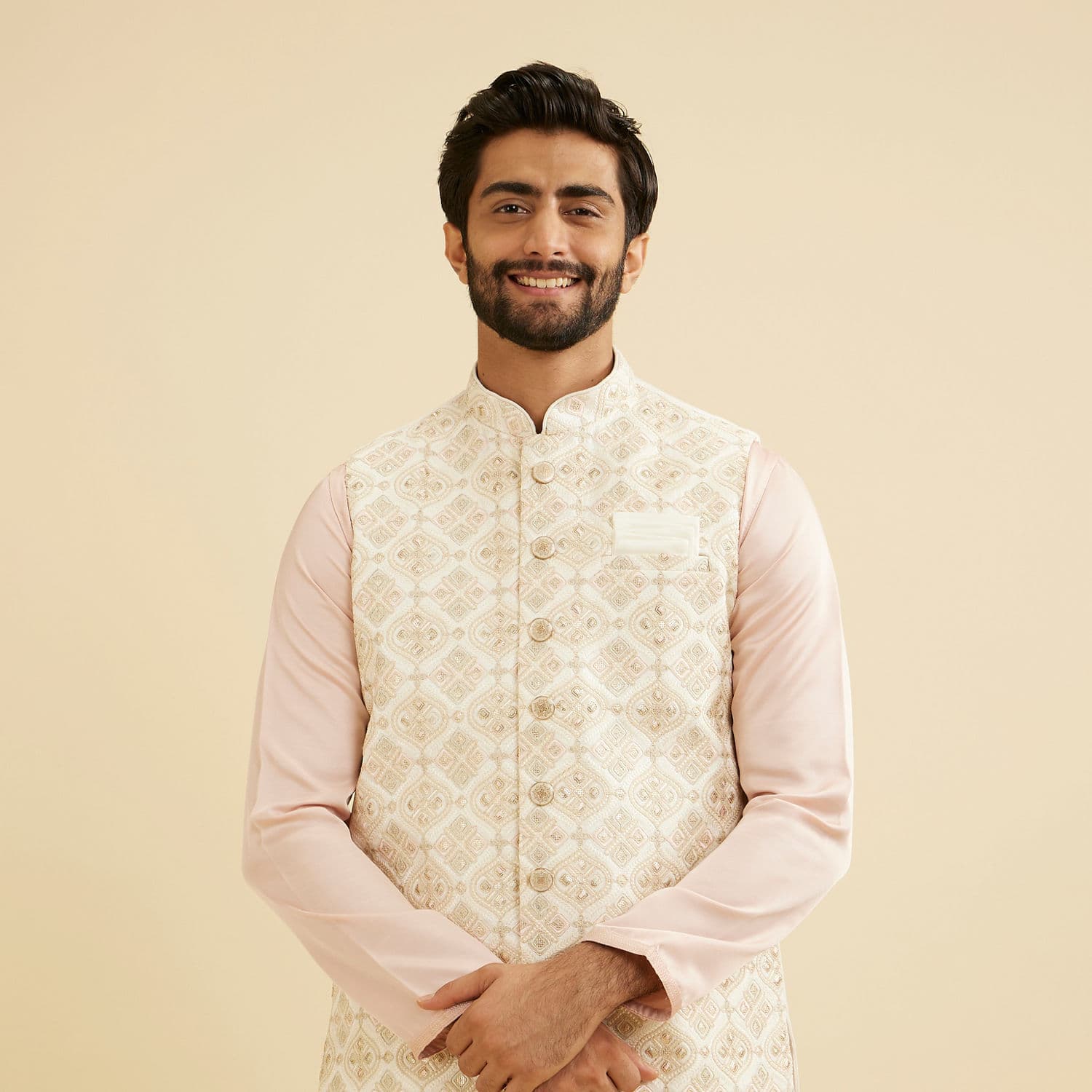 Warm White Ogee Jaal Patterned Nehru Jacket Warm White Ogee Jaal Patterned Nehru Jacket