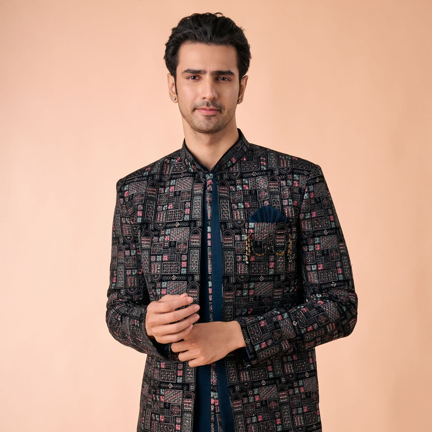 Elegant Teal Blue Velvet Indo Western | Manyavar Elegant Teal Blue Velvet Indo Western | Manyavar