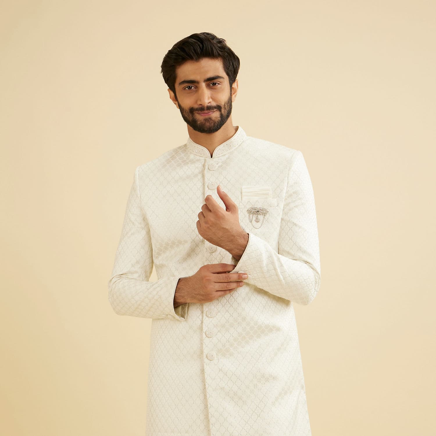 Warm White Ogee Patterned Sherwani Set with Embellished Collar | Manyavar Warm White Ogee Patterned Sherwani Set with Embellished Collar | Manyavar