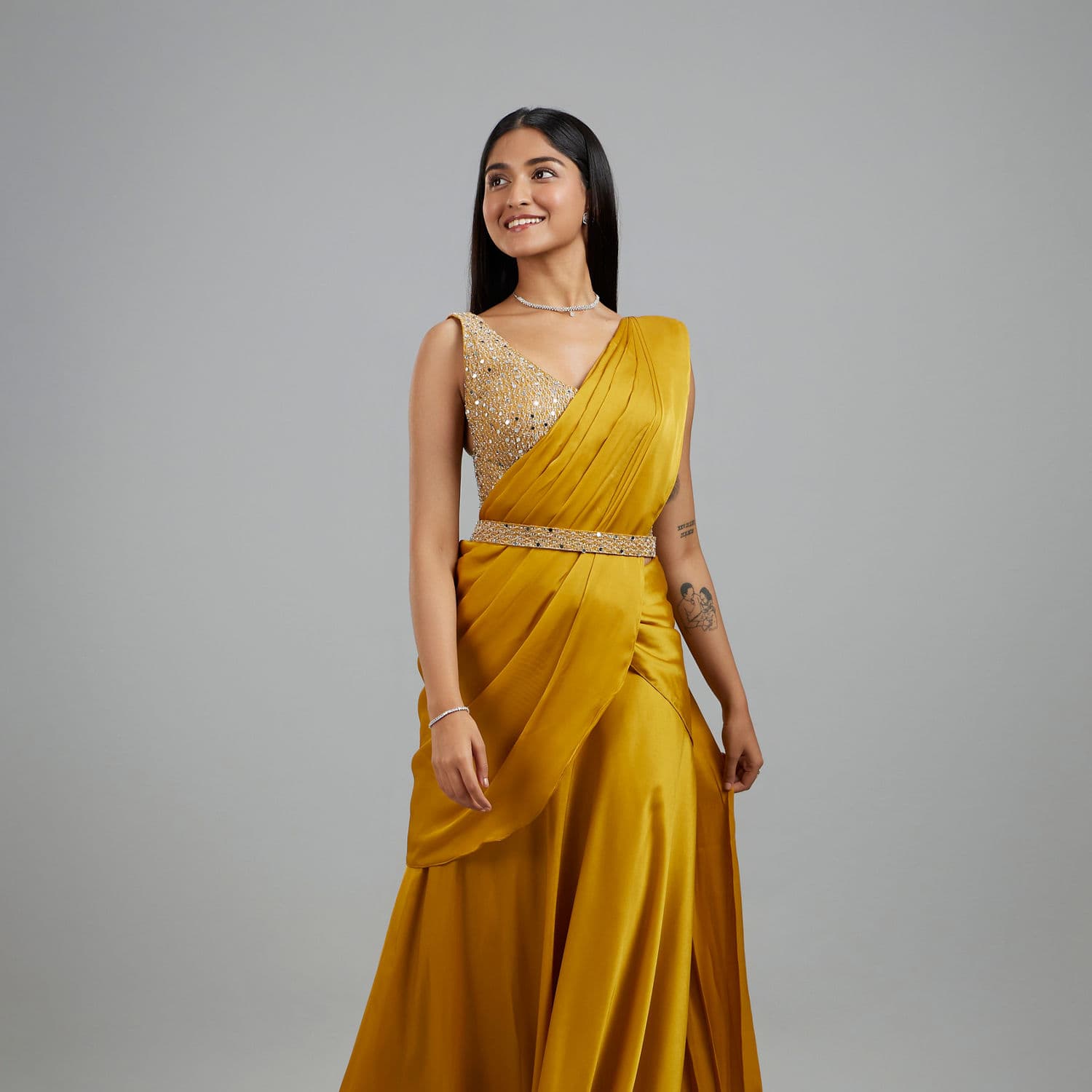 Yellow Satin Elegance Pre Draped Saree | Manyavar Yellow Satin Elegance Pre Draped Saree | Manyavar