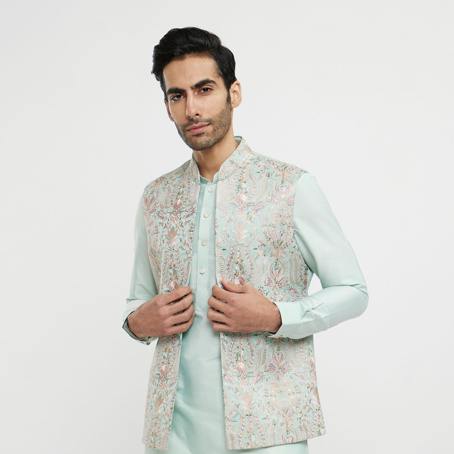 Aqua Green Silk Floral Thread Embroidered Jacket Set | Manyavar Aqua Green Silk Floral Thread Embroidered Jacket Set | Manyavar