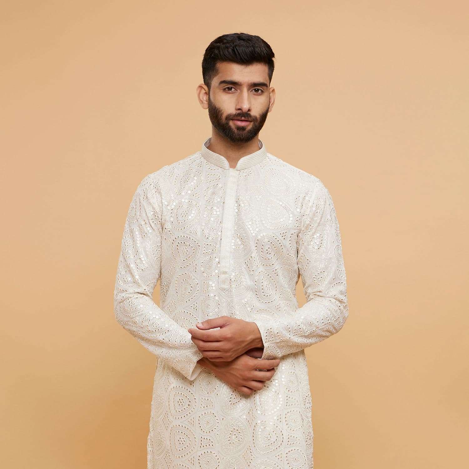 Ivory Viscose Mirror Work Self-Patterned Kurta Set | Manyavar Ivory Viscose Mirror Work Self-Patterned Kurta Set | Manyavar