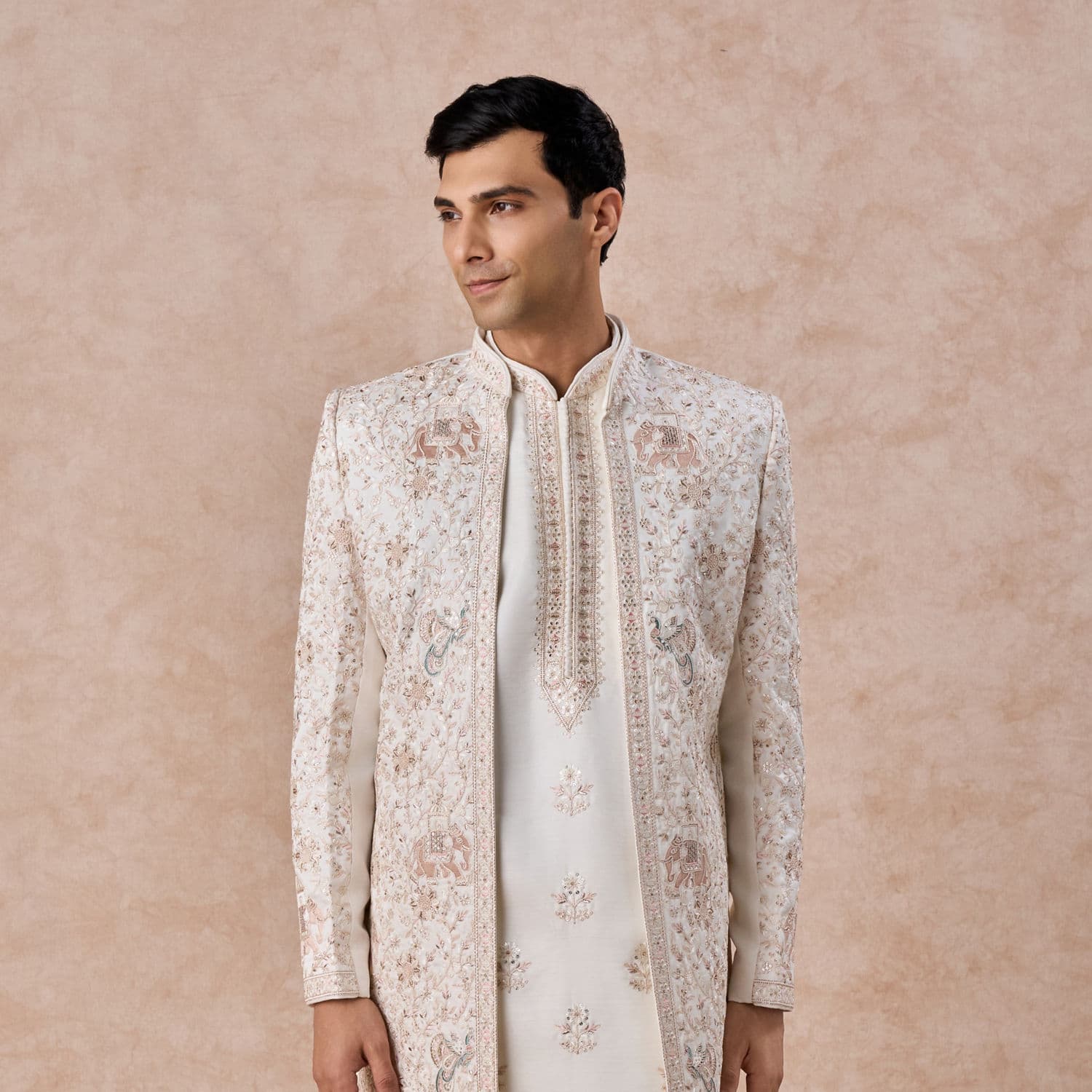 Elegance Personified White Open Sherwani | Manyavar Elegance Personified White Open Sherwani | Manyavar