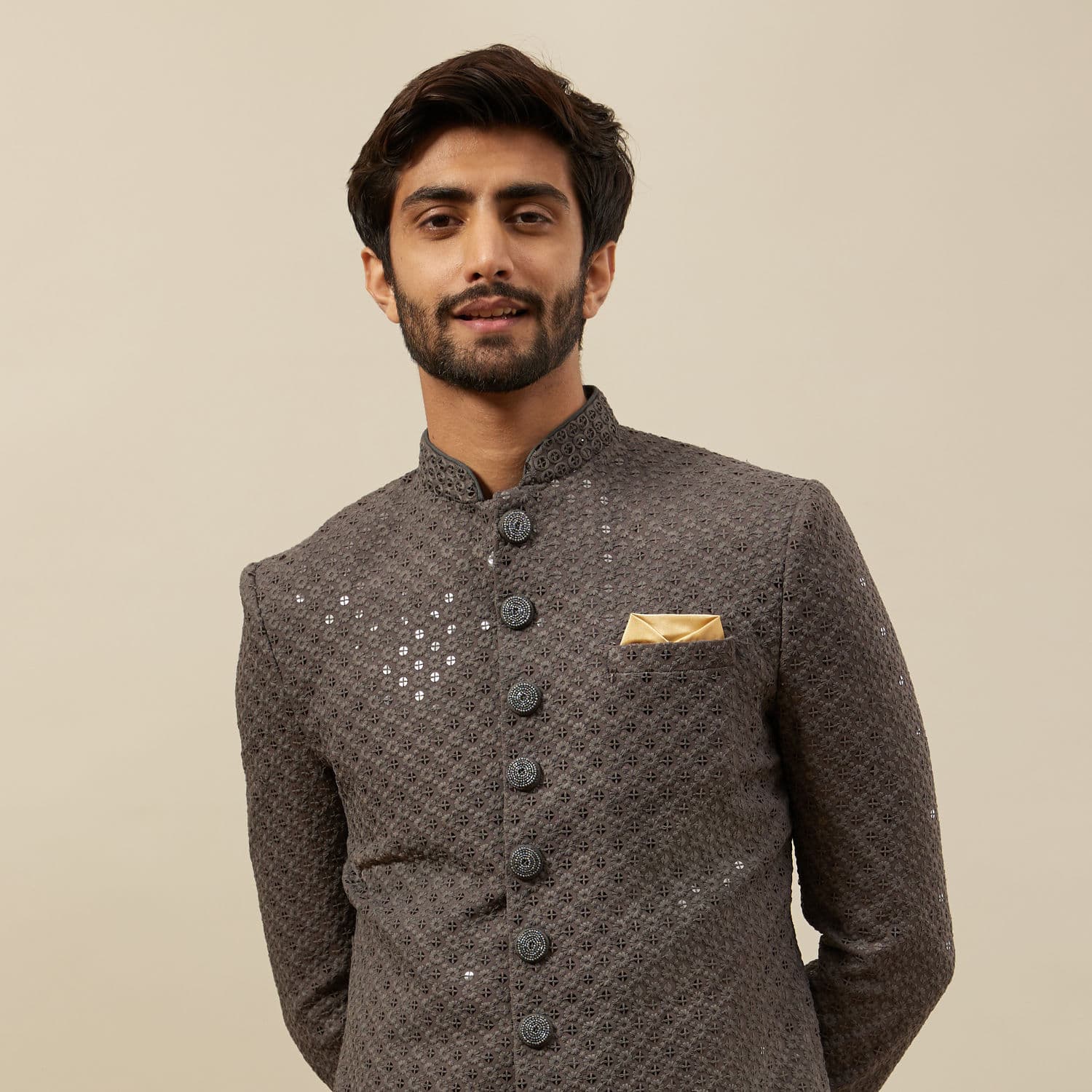Stone Grey Floral Patterned Indo Western Set Stone Grey Floral Patterned Indo Western Set