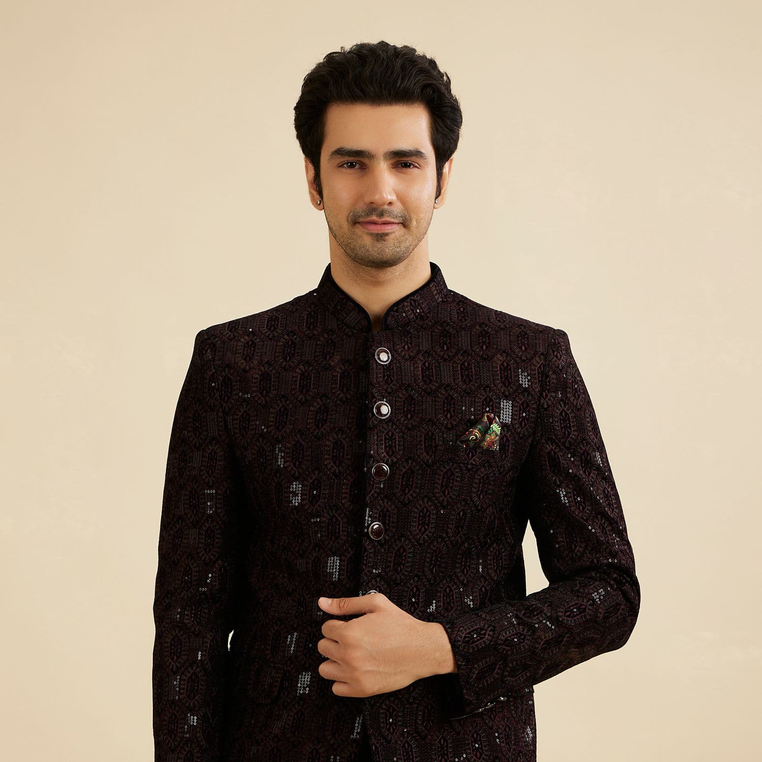Wine Red Honeycomb Patterned Jodhpuri Suit with Sequin Work Wine Red Honeycomb Patterned Jodhpuri Suit with Sequin Work