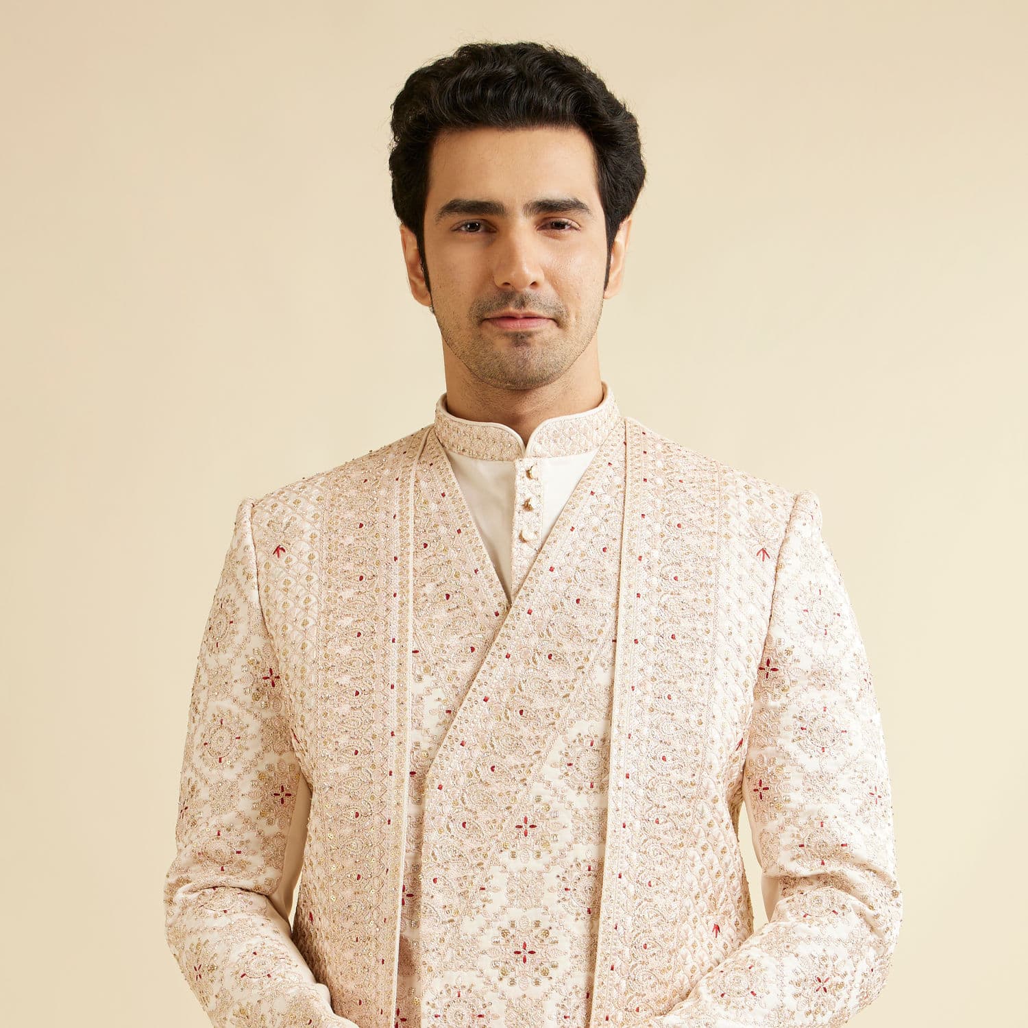 Beige Mandala and Buta Patterned Layered Style Open Sherwani Set Beige Mandala and Buta Patterned Layered Style Open Sherwani Set